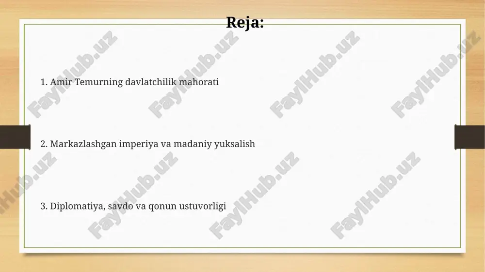 strateg edi. iqtisodiy siyosati va savdo-sotiqni rivojlantirish amir temur soliq tizimini tartibga solib, dehqonlar uchun soliq yukini kamaytirdi, bu esa qishloq xo'jaligi ishlab chiqarishini sezilarli darajada oshirishga yordam berdi. temur savdo yo'llarini himoya qildi, karvonsaroylarni qurdi va savdogarlarga imtiyozlar berdi, xalqaro savdoni 15-asrda rivojlantirishga hissa qo'shdi. temur davrida pul islohoti o'tkazilib, kumush tangalar zarb etildi va valyuta barqarorligi ta'minlandi, bu esa iqtisodiy o'sishga turtki berdi. ilm-fan va madaniyatga homiyligi uning saroyida ko'plab olimlar, shoirlar, rassomlar va tarixchilar yig'ilib, madaniyatning gullab-yashnashiga hissa qo'shdi, masalan, abdurahmon jomiy va alisher navoiy 15-asrda. amir temur ilm-fan rivojiga katta e'tibor qaratib, samarqandda 1399-yilda dor ul-ulum akademiyasini tashkil etdi, u yerda astronomiya va matematika fanlari rivojlandi. temur davrida ko'plab me'moriy inshootlar qurildi, masalan, bibixonim masjidi 1404-yilda qurib bitkazilgan bo'lib, u o'z davrining eng yirik me'moriy yodgorliklaridan biri hisoblanadi. shaharlar qurilishi va obodonlashtirish temuriylar davrida, ayniqsa xv asrda, shaharlar ilmiy va madaniy markazlar sifatida rivojlandi, bu esa …