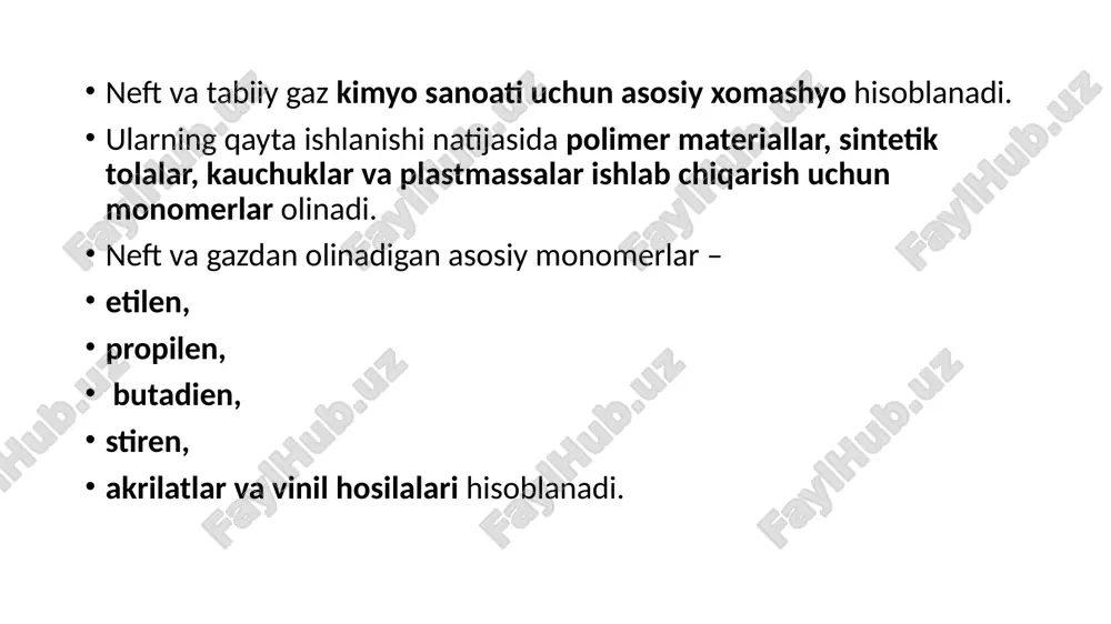 ) katalizator (masalan, xrom oksidi) ishtirokida dehidrogenlash orqali butadien hosil qiladi. bu usul kamroq tarqalgan, chunki iqtisodiy jihatdan nafta krekingiga nisbatan qimmatroq etanol 350–500°c da katalizator (masalan, magniy oksidi yoki sink oksidi) ishtirokida reaksiyaga kirib, butadien hosil qiladi. bu usul sovet ittifoqi davrida keng qo‘llanilgan, ammo hozirda kam foydalaniladi. piroliz: c₄h₁₀ → c₄h₆ + h₂ dehidrogenlash: c₄h₈ → c₄h₆ + h₂ sintetik kauchuklar (sbr, nbr) abs plastmassa butadienning qo‘llanilishi sintetik kauchuk ishlab chiqarish butadienning asosiy qo‘llanilishi — sintetik kauchuk (masalan, stiren-butadien kauchuk, sbr) ishlab chiqarish. bu kauchuk avtomobil shinalari, konveyer lentalari va boshqa sanoat mahsulotlarida ishlatiladi. plastik va polimerlar--akrilonitril-butadien-stiren (abs): elektronika va avtomobil sanoatida qo‘llaniladigan mustahkam plastik. kimyoviy moddalar sintezi butadien adiponitril (neylon ishlab chiqarishda ishlatiladi) va boshqa organik birikmalar sintezida xomashyo sifatida foydalaniladi. yoqilg‘i qo‘shimchalari kam hollarda butadien yoqilg‘i qo‘shimchasi sifatida ishlatilishi mumkin, lekin bu uning asosiy qo‘llanilishi emas. stiren (c₈h₈) stiren, kimyoviy formulasiga ko'ra c₈h₈, organik bir modda …