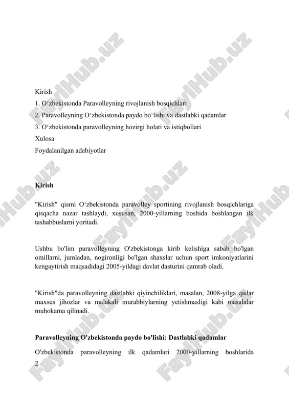 lindi, bu sportning rivojlanishi uchun muhim qadam bo'ldi. tashkil etilgan dastlabki jamoalar asosan toshkent shahrida va viloyatlarda faoliyat yurita boshladi, bu esa milliy chempionatlar uchun asos bo'ldi. milliy federatsiyaning tuzilishi va uning roli milliy federatsiya 2018-yilda tashkil etilgan bo'lib, paralimpiya qo'mitasi bilan hamkorlikda paravolley bo'yicha 10 ta hududiy bo'linmalarni muvofiqlashtiradi. federatsiyaning asosiy roli – paravolley bo'yicha 5 yillik strategik rejani ishlab chiqish va uni 2023-2028 yillarda amalga oshirish, shuningdek, moliyaviy resurslarni jalb qilish. uning vazifalariga milliy terma jamoani shakllantirish, 30 dan ortiq murabbiylar va hakamlarni tayyorlash, hamda har yili kamida 15 ta o'quv-mashq yig'inlarini o'tkazish kiradi. o'quv-mashg'ulot jarayonining tashkil etilishi o'quv-mashg'ulot jarayoni yil davomida 42 haftaga mo'ljallangan bo'lib, unda nazariy, amaliy va musobaqa bosqichlari 70/30 nisbatda rejalashtiriladi. paravolley bo'yicha mashg'ulotlar 12-18 yoshdagi o'smirlar uchun haftasiga kamida 3 marta, har biri 90 daqiqadan o'tkaziladi, asosiy e'tibor texnik tayyorgarlikka qaratiladi. dastlabki bosqichda, o'quv-mashg'ulot jarayoni jismoniy tayyorgarlikning umumiy elementlariga (tezlik, kuch, chidamlilik) 60% …