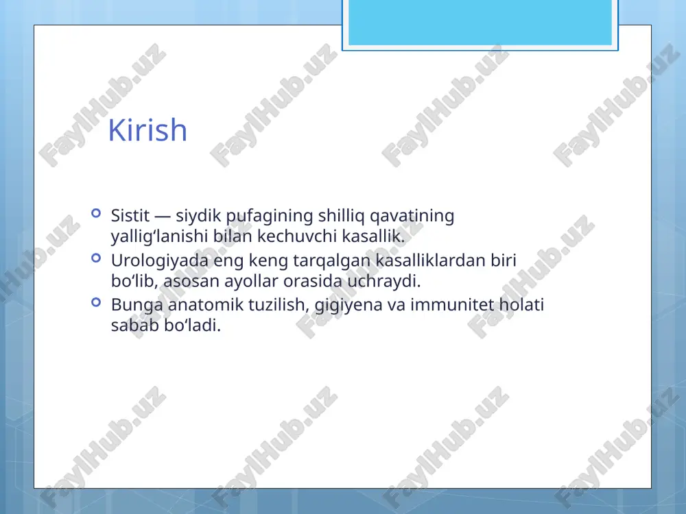 q tuzaladi. • surunkali sistit — kech aniqlangan yoki noto‘liq davolangan holatlardan kelib chiqadi. • profilaktika choralari va erta diagnostika muhim ahamiyatga ega. /docprops/thumbnail.jpeg