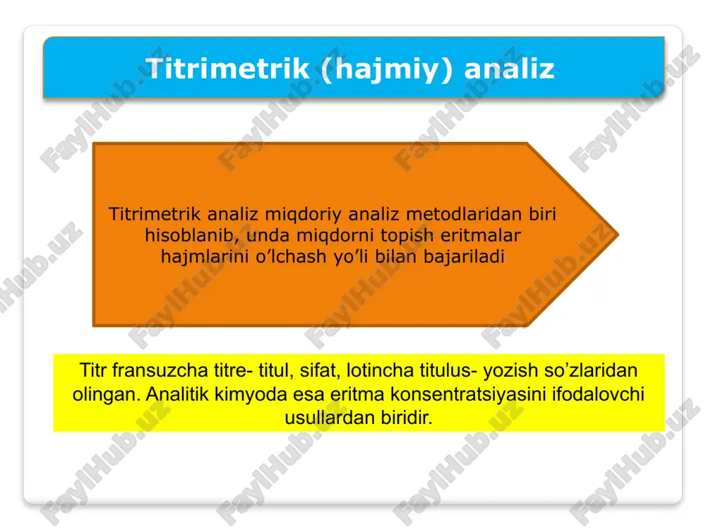 va ayrim namunalar usullariga bo’linadi: -pipetkalash usuli saqlanganda o’z titrini o’zgartirmaydigan, barqaror moddalarning eritmalaridan namunalar olish uchun ishlatiladi. bunda namuna ma’lum hajmli pipetka yordamida olinadi. olingan bu namuna alikvot qism deyiladi. -ayrim namunalar usuli yengil uchuvchan, tez parchalanadigan, beqaror moddalardan namuna olish uchun ishlatiladi. bu usulda namuna olish uchun maxsus shisha pufaklardan foydalaniladi. titrimetrik aniqlashlarni qanday usulda bajarilishidan qat’iy nazar hamma vaqt ishchi titrlangan eritma­lar, reaksiyaga kirishuvchi moddalar eritmalari hajmini aniq o’lchash, ekvivalent nuqtani aniq belgilash, analiz natijalarini to’g’ri hisoblash zarur bo’ladi. . tayyorlangan titrli eritmalar hosil qilishda ishlati­ladigan moddalar boshlang’ich moddalar deb nomlanadi. bu moddalar ma’lum talablarga javob berishi lozim. bu modda­lar kimyoviy toza bo’lishi, ular eritmada va quruq holda saqlanganda ham barqaror bo’lishi, tarkibi kimyoviy formulasiga qat’iyan mos kelishi kerak. shunday moddalarga natriy tetraborat na2b4o7· 10h2o natriy karbonat na2co3, oksalat kislota h2c2o4 · 2h2o, natriy oksalat na2c2o4, qahrabo kislota h2c2h2o4, kaliy xlorid kc1, natriy xlorid nacl, kaliy dixromat …
