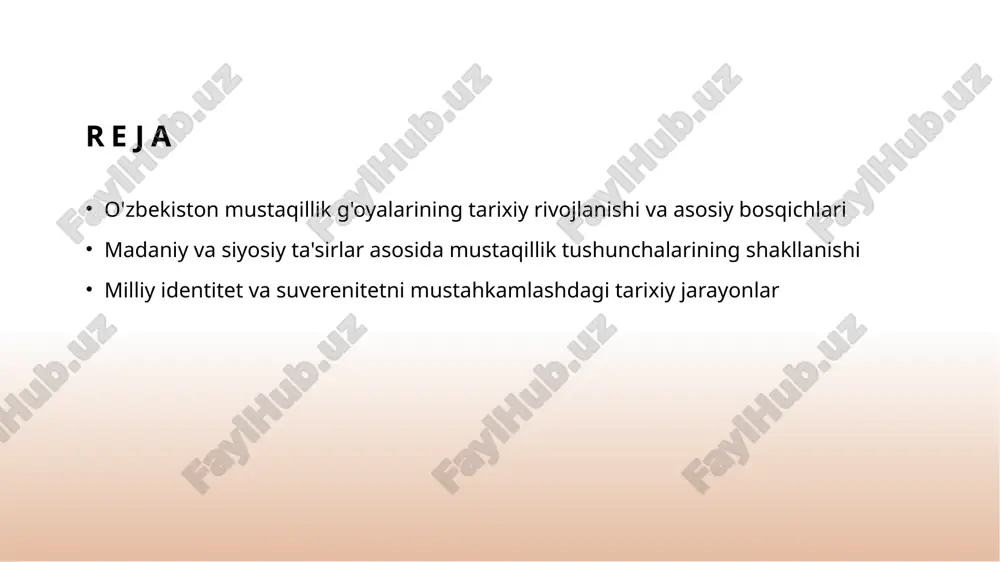 shakllantirishda muhim rol o'ynadi. bu jarayonlar mamlakatning siyosiy va madaniy rivojlanishini ta'minladi. 2 siyosiy o'zgarishlar sovet davri va mustaqillik davrida amalga oshirilgan siyosiy islohotlar, milliy o'zlikni anglash va mustaqillik g'oyalarining mustahkamlanishiga turtki berdi. 3 ijtimoiy transformatsiya ijtimoiy qatlamlar va odamlardagi fikrlar o'zgarishi, milliy identitet va suverenlik tushunchalarini rivojlantirdi, yangi mustaqil davlatning asoslarini yaratdi. milliy harakatlar va siyosiy o'zgarishlar asosida mustaqillik g'oyalarining shakllanishi 1 milliy harakatlar o'zbekistonda milliy harakatlar, 20-asr davomida mustaqillik uchun muhim asoslar yaratdi. bu harakatlar xalq ongini uyg'otdi va siyosiy o'zgarishlarni qo'llab-quvvatladi. 2 siyosiy o'zgarishlar sovet cheklovlari va mustaqil davlat uchun kurash, siyosiy inqiloblar va yirik qarorlar orqali mustaqillik g'oyalarini rivojlantirdi. bu jarayonlar ozodlik uchun asos bo'ldi. 3 milliy intilishlar milliy ong va o'zlikni anglash, harakatlar va siyosiy jarayonlar orqali mustaqillik g'oyalariga asos bo'ldi. bu jarayonlar milliy identitetni mustahkamladi. madaniy ta'sirlar: o'zbekistonning milliy identitetining shakllanishi tarihi madaniy meros islam va madaniyat milliy urf-odatlar o'zbekiston madaniy ta'sirlari milliy identitetining …