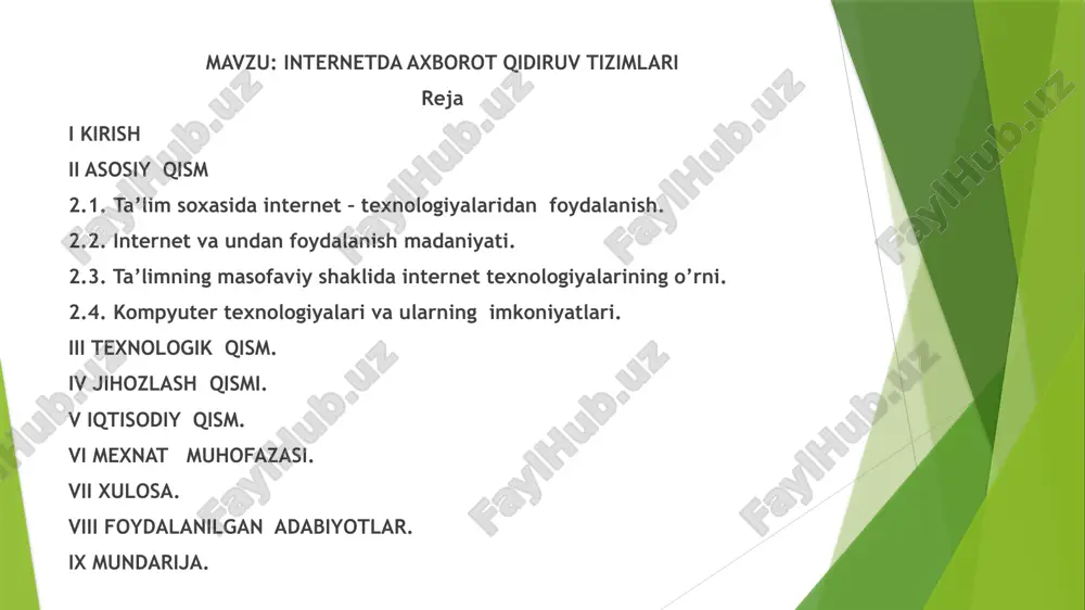 y qism ii.1. ta’lim soxasida internet – texnologiyalaridan foydalanish. davr ruhini ifodalab, kun sayin barcha soalar amaliyotiga jadal kirib borayotgan axborot texnologiyalarini umumta’lim maktablari ta’lim jarayoniga ham tatbiq etish dolzarb masalalardan biridir. butun jahon miqyosidagi axborot tarmog‘i har qanday sohada axborotning hajmi va tezligidan qat’iy nazar, uni istagan miqdorda qabul qilish uchun taqdim eta oladi. multimediya va internet texnologiyalarining paydo bo‘lishi axborot texnologiyalarining umumiy ta’lim maktablari ta’lim va tarbiya, muloqot jarayonlarida samarali vosita sifatida foydalanishga keng yo‘l ochib berdi. axborot texnologiyalarining barkamol shaxsni rivojlantirish, uning mustaqil kasb tanlashi va kasbiy jihatdan o‘z-o‘zini shakllantirish, kasbiy mahoratini o‘stirishda tutayotgan o‘rni va ta’siri ortib borayotganligini inkor etib bo‘lmaydi. umumiy ta’lim maktablaridagi ta’lim jarayonida axborot texnologiyalari vositasida o‘qituvchi va o‘quvchilar oldida quyidagi imkoniyatlar ochiladi, xususan: axborot yig‘ishning yangi usullarini va ularni qo‘llashni bilib oladilar; bolalarning fikrlash doirasi kengayadi, bilim olishga qiziqishlari ortadi; mustaqil ishlashning roli ortadi, samaradorligi yaxshilanadi; bolani aqliy jihatdan rivojlantirishga, hissiy-estetik doirasini …