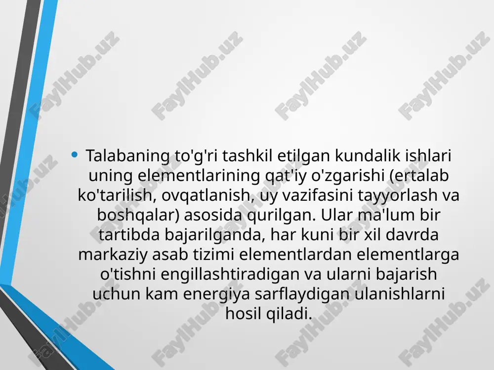 ng oziq-ovqat mahsulotlarini iste'mol qilish rejimiga qat'iy rioya etishi ma'lum vaqt ichida tuyadi va oziqlantiruvchi moddalarni yaxshi singdiruvchi konditsioner refleksni rivojlantirishga yordam beradi, shuningdek sog'liq uchun kafolat bo'ladi. maktab o'quvchilarining kunduzgi dasturi kechqurun gigienik tadbirlar bilan yakunlanadi, unga 30 daqiqa beriladi. ushbu davr mobaynida talaba ham poyafzallari va kiyimlarini to'g'ri shaklga qo'yishi kerak. bolaning kecha uyqusi taxminan 10 soat. bir vaqtning o'zida yotish va ko'tarish juda muhimdir. yosh talabalar 21.00dan kechqurungacha yotishadi, katta yoshdagilar - 22.00 dan 22.30gacha. birinchi va ikkinchi o'rinbosarlarning ertalab soat ettilarda ko'tarilishi kerak. mavzu: bolalarda nevroz kasalliklari va uni oldini olish reja: 1. nerv tizimi 2. nerv kasalliklari neyron-nerv hujayrasi. neyron, ya'ni nerv hujayrasi nerv sistemasining tuzilish va funksional birligi hisoblanadi, u axborotlarni qabul qilishga, qayta ishlashga, saqlashga, uzatishga va to'plashga moslashgan. neyron hujayra tanasi va turli xil uzunlikdagi o'simtalar-akson hamda dendritdan iboroat. hujayra tanasida murakkab almashinish jarayoni, akson va dendritlarga keladigan makromolekulalar sintezi, nerv hujayrasi …