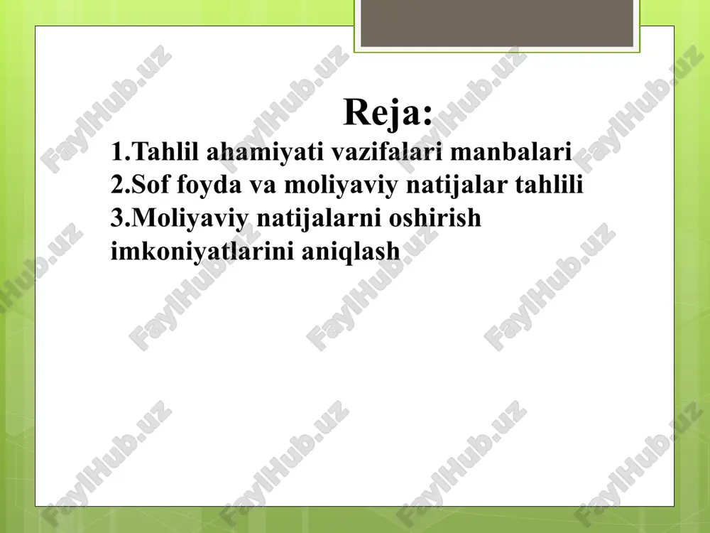 afning hisobot davrida o‘sish va ushbu o‘sish kapital egalarining kapitalga qo‘yilmalari bilan bog‘liq bo‘lmagan ko‘payishidir korxonaning moliyaviy natijalarini ifodalovchi ko’rsatkichlarni tahlil qilish vazifalari quyidagilardan iborat: -moliyaviy natijalarni ifodalovchi barcha ko‘rsatkichlarning to‘g‘ri aniqlanganligini tekshirish; -moliyaviy natijalarni ifodalovchi ko‘rsatkichlarning -hisobot davridagi o‘zgarishiga baho berish; -moliyaviy natijalarni ifodalovchi ko‘rsatkichlarning har biriga ta‘sir qiluvchi omillarni belgilash va ularni ta‘sirini baholash; -moliyaviy natijalarni ifodalovchi ko‘rsatkichlarning bir-biriga bog‘liqligini, aloqadorligini, ularni sof foyda o‘zgarishiga ta‘sirini baholash; -moliyaviy natijaviylik ko‘rsatkichlarini mulkiy holat va samaradorlik bilan bog‘liq jihatlarini baholash; -rentabellik ko‘rsatkichlariga baho berish va uning o‘zgarishiga ta‘sir qiluvchi omillarni tahlil etish; -foyda va rentabellikni oshirishning ichki imkoniyatlarini axtarib topish va chora-tadbirlarini belgilash. manbalari «moliyaviy natijalar to‘g‘risidagi hisobot» (okud bo‘yicha 2-shakl) tahlilning asosiy axborot manbasi hisoblanadi. shu bilan birga, tahlil jarayonida korxonaning «buxgalteriya balansi» (1-shakl), «pul oqimlari to‘g‘risidagi hisobot» (4-shakl), «xususiy kapital to‘g‘risidagi hisobot» (5-shakl), «moliyaviy-iqtisodiy holat bo‘yicha ma‘lumotnoma» (2b shaklga 1 ilova) kabi hisobotlari, ma‘lumotlari va hisob-kitoblari qo‘llaniladi. xo‘jalik …