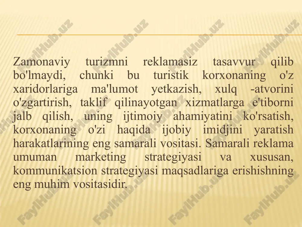 onal va hissiy reklama haqida aytib o’tgan. ratsional reklama potentsial mijozning ongiga murojaat qiladi, uni ishontirishga asos bo’ladi. hissiy reklama esa bu hissiyotlar, xotiralar va maqsadli auditoriyaning ma'lum bir segmentiga murojaat qilish quyidagilarni ajratishga imkon beradi: -ma'lum bir iste'molchilar guruhiga aniq yo'naltirilgan selektiv reklama; -keng iste'molchilarga mo'ljallangan ommaviy reklama. qamrab olingan xuduga ko’ra quyidagi turlarga ajratiladi: - mahalliy reklama; - mamlakatning ma'lum bir qismini qamrab oluvchi mintaqaviy reklama; - butun shtat bo'ylab amalga oshiriladigan umummilliy reklama; - xalqaro reklama roli faqat belgilangan joyga tashriflarni rag'batlantirish bilan cheklanmaydi. aksincha, bu manzilni potentsial sayohatchilarga ochib berishni, boradigan joyning ijobiy imidjini yaratishni va oxir -oqibat haqiqiy tashrifga olib keladigan manzilni tanlashni rag'batlantirishni o'z ichiga oladi. turizm sanoati professional daromad olish uchun reklamani asosiy vositasi sifatida ishlatishi kerak. har bir mamlakatda turizmni muvaffaqiyatli targ'ib qilish madaniy qadriyatlarga, reklama va uning qadriyatlarini tushunishga asoslangan. professional reklamani mamlakat ichkarisida ham, tashqarisida ham iqtisodiy rivojlanishning muvaffaqqiyatli vositasi …