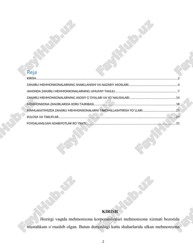 dan ortiq mehmonxona zanjirlari mavjud bo`lib, jami nomerlar fondi 4 000 000 dan ortiq. uning qiymati 570 milliard dollardan oshadi. mehmonxona zanjirlarining bilimi qanchaligi ularning dunyo bozoriga qay darajada kirib borishiga va u yerda o`z mavqeiga ega bo`lishiga yordam beradi. har bir mehmonxona zanjirlari o`zining klassifikatsiyasiga, joylashgan joyi (kurort, biznes-mehmonxona, shahar) va strategiyasiga ega. bir mehmonxona zanjiriga har xil kategoriyaga tegishli mehmonxonalar kirishi mumkin. yevropada shunday mehmonxona zanjirlari borki ular arzon mehmonxonalar birlashishi orqali vujudga kelgan. ularga formula 1, etap, premier class va boshqalari misol qilishimiz mumkin. lekin yevropada yuqori klassifikatsiyali mehmonxonalar birlashgan mehmonxonalar zanjirlari ham mavjud. ularga sheraton, forte, le meridien va boshqalarni misol qilishimiz mumkin ko`pgina mehmonxonalar zanjirlarining boshqarmasi aqshda joylashgan. lekin asosiy foyda boshqa davlatlardan olinadi. maqsadi va vazifalari. · zanjirli mehmonxonalarning shakllanishi va nazariy asoslarini o`rganish; · jahonda zanjirli mehmonxonalarning umumiy tahlilini qilish; · zanjirli mehmonxonalarning asosiy g`oya va yo`nalishlarini o`rganish; · mehmonxona zanjirida xorij tajribasini …