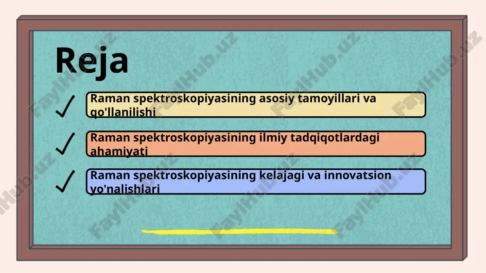lishi mumkin. umuman olganda, raman spektroskopiyasi o'zining keng qo'llanishi va innovatsion imkoniyatlari bilan ilmiy tadqiqotlar va sanoat sohalarida muhim ahamiyatga ega. raman spektroskopiyasida yangi yo'nalishlar zamonaviy texnologiyalar, masalan, yuqori aniqlikdagi optik qurilmalar va kompyuter algoritmlari, raman spektroskopiyasining aniqligini va samaradorligini oshirishga yordam bermoqda. nanotehnologiya bilan integratsiya qilish innovatsion yondashuvlar yaratmoqda, masalan, nanomateriallar yordamida spektral analizi yanada chuqurlashtirish imkonini beradi. shuningdek, yangi materiallar va analiz metodlari tadqiqotlar uchun yangi imkoniyatlar va muammolarni keltirib chiqaradi. kelajakdagi tadqiqotlar raman spektroskopiyasida yangi imkoniyatlarni ochishi kutilmoqda, masalan, biologik jarayonlarni chuqur o'rganish uchun spektroskopik asboblar. misol uchun, yangi yaratilgan nanomateriallar yordamida saraton hujayralarini aniqlash yoki to'g'ri aniqlanishini ta'minlash uchun yangi metodlar ishlab chiqish mumkin. innovatsiyalar, shuningdek, energetika va atrof-muhitni muhofaza qilishdagi muammolarni hal etishda ham yordam berishi mumkin. umuman olganda, zamonaviy texnologiyalar va innovatsion yondashuvlar raman spektroskopiyasining rivojlanishiga katta hissa qo'shmoqda. raman spektroskopiyasining ilmiy tadqiqotlardagi o'rni raman spektroskopiyasi, molekulalarning vibratsion harakatlarini o'rganish uchun ishlatiladigan kuchli analitik …