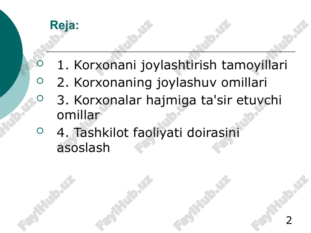 maviy yoki yagona savdo; bitta yirik iste'molchining mavjudligi yoki kichik keng tarmoq 7 1. korxonani joylashtirish tamoyillari korxona joylashuvi variantini tanlash mezonlari - tegishli variantga muvofiq korxonaning butun hayot tsikli uchun minimal umumiy xarajatlar (t): korxona yaratish (kapital qo'yilmalar - cv), mahsulot ishlab chiqarish va sotish (mahsulot ishlab chiqarish va sotish tannarxi - c) 8 1. korxonani joylashtirish tamoyillari mezon: zo in =  kv in i + t ·  c in j min i j bu erda z in - joylashuv varianti (c) bo'yicha korxonani butun hayotiy tsikli uchun yaratish va ishlab chiqarish uchun umumiy xarajatlar, rub.;  ci in i - joylashtirish variantiga ko'ra kapital qo'yilmalar miqdori, rub ( i - ci turi);  c in j - joylashtirish variantiga ko'ra mahsulotni ishlab chiqarish va sotishning umumiy qiymati, rub. ( j – xarajat turi) 9 1. korxonani joylashtirish tamoyillari kapital (bir martalik) investitsiyalar miqdorini aniqlashda ular xarajatlarni …