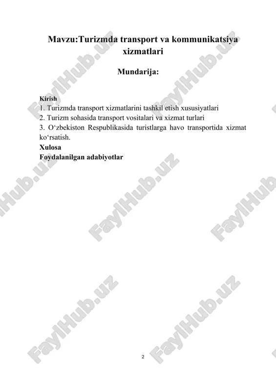 xnologiyalari va gatlarning tutgan oʻrnini yoritish; gatning oʻzbekistonda transport xizmatlarida qoʻllanilish holatini tahlil qilish; “easy taxi”, “my taxi”, “yandex taxi” va “yoko taxi” trasnport tashkilotlari faoliyati tahlilini olib borish; oʻzbekistonda transport xizmatlarini koʻrsatishda gatlardan foydalanishni takomillashtirish yoʻllarini; “buxoro-1 – labi hovuz” va “buxoro – 7 pir” yangi transport marshrutlarini ishlab chiqish va joriy etish; rivojlangan mamlakatlarda online transport xizmatlarini koʻrsatilishini tahlil qilish; “easy tickets” online chiptalar transport xizmatini koʻrsatishni tashkil etish yoʻllarini ishlab chiqish. tadqiqotning obyekti tadqiqot obyekti – hududiy transport tashkilotlari, shuningdek, jamoatchilik transporti tashkilotlari. ishning predmeti ichki va xalqaro turizmni rivojlantirishda transport xizmatlarini takomillashtirishga qaratilgan jarayonlar boʻlib hisoblanadi. transport tizimlarining barcha turlari yagona maqsadni-tashish xizmatlarini ko’rsatishda sayohatchilarning ehtiyojlarini to’laqonli qondirishni amalga oshiradi. turistlarga transport xizmatlarini ko’rsatish, turistlarni va ularning yuklarini bir joydan ikkinchi joyga mumkin qadar tez va qulay sharoitlarda tashish uchun mo’ljallangan xizmatlar majmui[footnoteref:1], deb ta’riflanadi. [1: o`zbekiston respublikasining "turizm to`g`risida"gi 18 – 19 -20-moddalar] transport xizmatlari …
