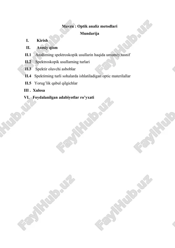 moddalarning sifat va miqdoriy tarkibini aniqlashda optik analiz usullaridan foydalanish prinsiplari va metodlari ii. asosiy qism analizning spektroskopik usullariga elektromagnit nurlarning modda bilan o‘zaro ta’sirini o‘rganishga asoslangan fizikaviy usullar kiradi. bu o‘zaro ta’sir turli xil energetik o‘tishlarga olib keladi va tajribada bu hodisalarning natijasi elektromagnit nurlarning chiqishi, yutilishi va sochilishi ko‘rinishida qayd qilinadi . elektromagnit nurlanish yoki yorug‘lik ikki xil yo‘l bilan bayon qilinishi mumkin. birinchisi, yorug‘likning to‘lqin tabiatidan kelib chiqib u elektromagnit nurlarning sochilishi, qaytishi, sinishi, interferensiyasi va difraksiyasi kabi optik hodisalarni tushuntiradi. ikkinchisi esa, yorug‘likning korpuskulyar tabiatidan kelib chiqib atom va molekulalar tomonidan elektromagnit nurlarning yutilishi va chiqarilishini tushuntiradi. maksvel bo‘yicha elektromagnit to‘lqinni magnit maydoni bilan bog‘liq bo‘lgan o‘zgaruvchi elektr maydon ko‘rinishida tasavvur qilish mumkin to‘lqinlarning o‘zi tarqalayotgan (o‘zini o‘rab turgan) muhit bilan o‘zaro ta’sirini elektr va magnit vektorlaridan foydalanib qarash mumkin. quyida yorug‘likning to‘lqin xossasidan kelib chiqadigan ba’zi xarakteristikalari keltirilgan. to‘lqin uzunligi – bir to‘liq tebranish uchun …