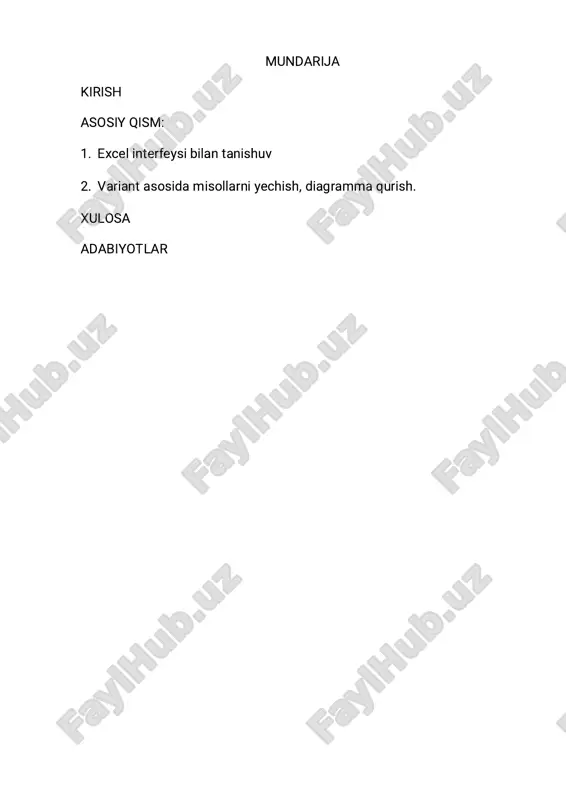 lenta), formula bar (formula paneli), worksheet (ish varaqasi), sheet tabs (varaqlar), status bar (holat paneli) va boshqa qismlar bilan tanishamiz. har bir qismning vazifasini bilish excel dasturidan to‘liq va samarali foydalanishning birinchi bosqichidir. excel interfeysi bilan tanishuv microsoft excel — bu ma’lumotlar bilan ishlash, hisob-kitoblar bajarish, tahlil qilish va natijalarni jadval hamda diagramma ko‘rinishida ifodalash uchun mo‘ljallangan dasturdir. excel dasturida ishlashni boshlashdan oldin uning interfeysi, ya’ni tashqi ko‘rinishi va asosiy qismlari bilan tanishish muhimdir. 1. title bar (sarlavha paneli) excel oynasining eng yuqori qismida joylashgan. bu joyda fayl nomi va dastur nomi ko‘rsatiladi. masalan, “book1 – microsoft excel”. title bar’ning o‘ng tomonida oynani kichraytirish, kattalashtirish va yopish tugmalari joylashgan. 2. ribbon (lenta) title bar ostida joylashgan menyu paneli bo‘lib, u turli buyruqlar va asboblarni o‘z ichiga oladi. ribbon bir nechta bo‘limlardan (tabs) tashkil topgan:  home – asosiy buyruqlar: matnni formatlash, nusxalash, joylashtirish, raqamli formatlar.  insert – jadval, diagramma, …
