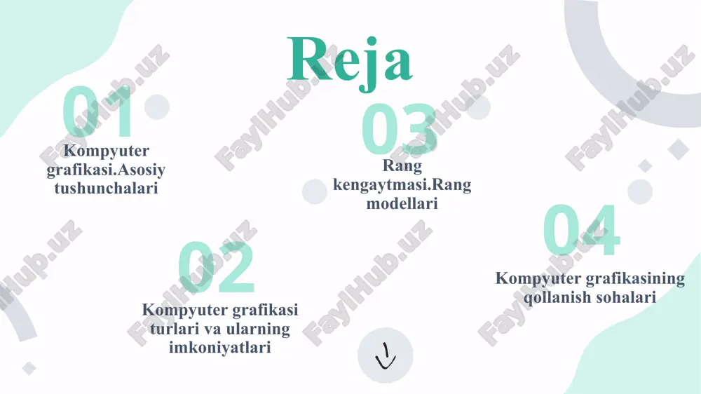 tuziladi. 2. rastr grafikasi rastr grafikasi piksel deb ataladigan mayda nuqtalardan iborat. har bir piksel o‘zining rangiga ega bo‘ladi va ularning birgalikda joylashuvi rasmni hosil qiladi. 3. fraktal grafikasi bu grafikada tasvirlar matematik formulalar asosida quriladi. bu turdagi rasmga qaraganda undagi naqshlar bir xil shaklda, ammo turli o‘lchamlarda takrorlanadi. kompyuter grafikasi turlari vektor grafikasi rasmni kattalashtirganda sifat buzilmaydi. oddiy shakllarni tezda tahrirlash mumkin. fayl hajmi nisbatan kichik bo‘ladi. 2. rastr grafikasi haqiqiy suratlar va tabiat manzaralari yaxshi chiqadi. ranglar o‘tishi tabiiy ko‘rinadi. grafik muharrirlar (masalan, photoshop) aynan shu tur bilan ishlaydi. 3. fraktal grafikasi juda murakkab va g‘aroyib ko‘rinishdagi tasvirlar olish mumkin. tabiiatdagi tuzilmalarni modellashtirish uchun foydalidir. kompyuter grafikasi imkoniyatlari rang kengaytmasi.rang modellari 03 rang kengaytmasi rang modellari rang kengaytmasi kompyuter grafikasida rang katta ahamiyatga ega,chunki u kompyuter grafik muharrirlari yordamida yaratilgan obyektlar chiroyli,jozibali va aslidagidek korinishi uchun muhim rol oynaydi. rang modeli ranglarni tasvirlash usuli bo‘lib, ular bajargan vazifa …