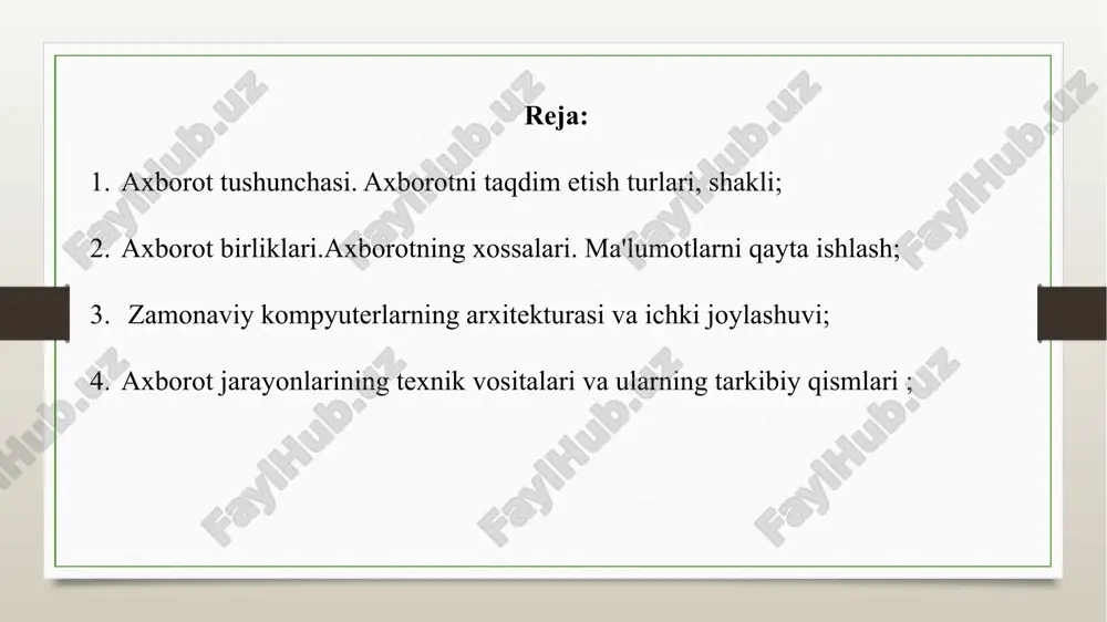 eng qo'llaniladi : 1 kilobayt (kb) = 1024 bayt = 2 10 bayt, 1 megabayt (mb) = 1024 kb = 2 20 bayt, 1 gigabayt (gb) = 1024 mb = 230 bayt . so'nggi paytlarda qayta ishlangan ma'lumotlar hajmining o'sishi tufayli hosila birliklar: 1 terabayt (tb) = 1024 gb = 2 40 bayt, 1 petabayt (pb) = 1024 tb = 250 bayt . 1 ekzobayt ( ebayt ) = 1024 pb = 260 bayt. 1 zetabyte ( zbayt ) = 1024 ebayt = 270 bayt . 1 yotabyte ( ybyte ) = 1024 zbayt = 280 bayt. axborot, agar u ishlarning haqiqiy holatini aks ettirsa, ishonchli hisoblanadi . ishonchli ma'lumotlar vaqt o'tishi bilan ishonchsiz bo'lib qolishi mumkin, chunki u eskirish xususiyatiga ega, ya'ni ishning haqiqiy holatini aks ettirishni to'xtatadi. agar ma'lumot tushunish va qaror qabul qilish uchun etarli bo'lsa, to'liq hisoblanadi . to'liq bo'lmagan va ortiqcha ma'lumotlar qaror qabul qilishga …