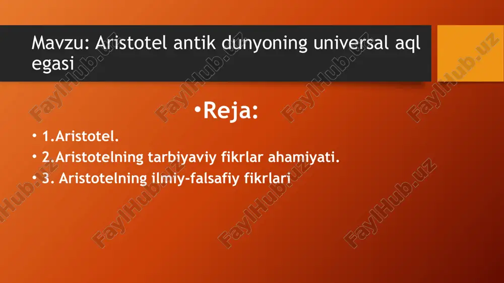nadigan xislatdir. boshqachaaytganda, unga taʼlim-tarbiya va mehnat orqalierishiladi. aristotel ezgulik haqida umumiy mulohazayuritibgina qolmasdan, balki uni chuqur tahlil qilishgaharakat qiladi, nazariy yondashuvni amaliy faoliyatbilan bogʻlashga intiladi. masalan, uningcha, jasurlik– bu ezgulik boʻlib, soxta qahramonlik va qoʻrqoqlikoʻrtasida turadi. chinakam – qahramon shundaykishiki, u oʻz oldidagi toʻsiqlarni yengib, qoʻrqmayolgʻa boradi. jasoratli kishi esa azob-uqubatgachidaydi, meʼyorida va oqilona harakat qiladi aristotel birinchi boʻlib, axloq(etika)ni mustaqil fan sifatida ilmiy-falsafiy bilimlar tizimiga kiritgan.aristotelning etikasi dunyoviy, harbir ozod kishini davlat fuqarosiruhida tarbiyalash masalalarigabagʻishlangan. aristotelning fikricha,axloq masalasini keng va atroflichaoʻrganish hamda uning tiziminiyaratishdan avval baxt-saodatnimaligini aniqlab olish lozim.shunga koʻra, alloma farovonlik,ezgulik, iroda erkinligi masalalarigaalohida eʼtibor qaratadi. aristotel ahloq masalalariga bagʻishlangan maxsus asari –“nikomax etikasi”da ozchilikkataalluqli boʻlgan maʼnaviy ideal tahlilqilinadi. tarbiyadagi yutuq turmush tarziga bogʻliq. eng yaxshi hayottarzi haqidagi taʼlimot bevosita davlattuzilishi va siyosatining maqbulshakliga bogʻliqdir. aristotelga koʻra,ezgulik tushuncha aniq maqsad vaunga doimiy intilish bilan bogʻliq.ezgulik tugʻma sifat boʻlmasdan,balki kishining ijtimoiylashuvjarayonida shakllanadigan xislatdir.boshqacha aytganda, unga taʼlim-tarbiya va mehnat …