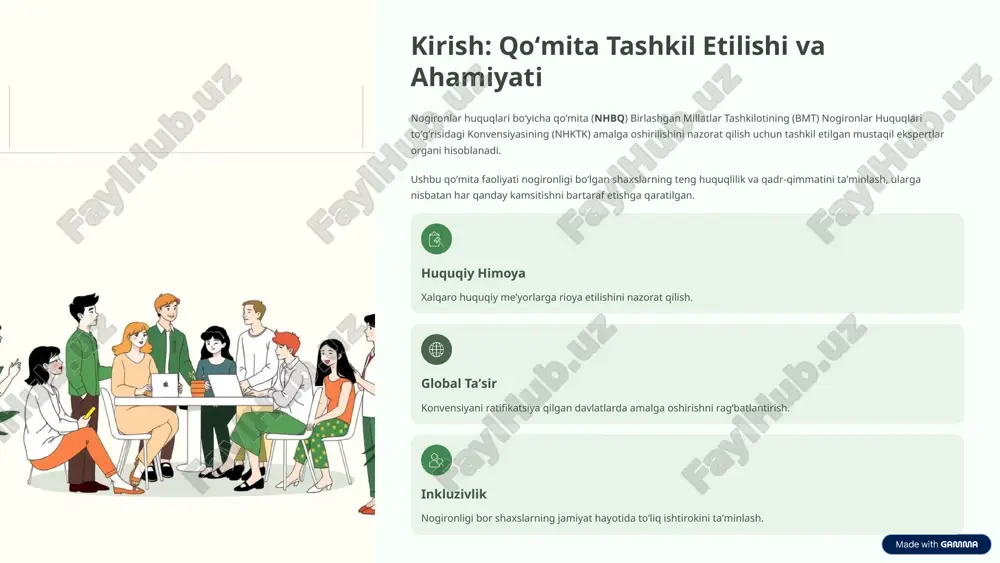 avsiyalar shakllantirish sharhlar konvensiyaning umumiy sharhlarini ishlab chiqish davlat hisobotlari monitoringi: qoʻmita aʼzo davlatlardan konvensiya boʻyicha erishilgan yutuqlar va mavjud muammolar toʻgʻrisidagi davriy hisobotlarni oladi va tahlil qiladi. konstruktiv muloqot: hisobotlar asosida qoʻmita aʼzo davlat vakillari bilan ochiq muloqot oʻtkazadi va ularga aniq takliflar beradi. yakuniy tavsiyalar: muloqot yakunida qoʻmita "yakuniy kuzatishlar" (concluding observations) deb nomlangan hisobotni eʼlon qiladi. bu hisobotlar amalga oshirilishi lozim boʻlgan ustuvor chora-tadbirlarni oʻz ichiga oladi. 4 qoʻmitaning faoliyat yoʻnalishlari: kamsitishning oldini olish nhbq ning asosiy maqsadi nogironligi boʻlgan shaxslarga nisbatan har qanday shakldagi kamsitishni yoʻq qilishdir. bu nafaqat bevosita kamsitishni, balki bilvosita toʻsiqlarni ham bartaraf etishni oʻz ichiga oladi. kamsitishning oldini olish quyidagi yoʻnalishlarni qamrab oladi: qonuniy tenglik nogironlarning barcha fuqarolar bilan teng huquqiy maqomga ega boʻlishini taʼminlash. qulay muhit (accessibility) jismoniy, axborot va kommunikatsiya toʻsiqlarini bartaraf etish uchun chora koʻrish. aql-idrokdagi oʻzgarish nogironlikka nisbatan salbiy stereotiplar va notoʻgʻri qarashlarga qarshi kurashish. mustaqil yashash huquqi …