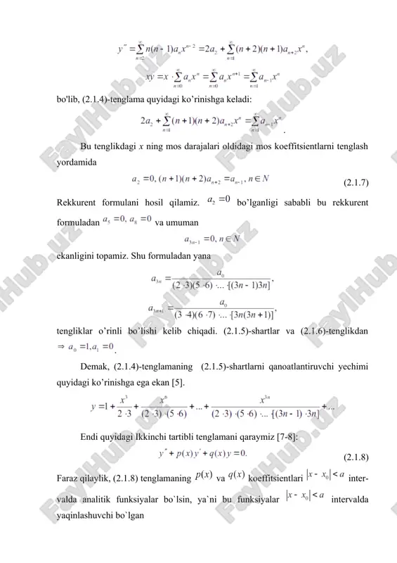 lgusida aniqlanishi lozim bo`lgan koeffitsientlar. (2.1.10) dan va ni ketma-ket topib , so`ngra va ning ifodalarini (2.1.8) tenglamaga qo`yamiz: shu yerda matematik analiz kursidan ma`lum bo`lgan darajali qatorlarni ko`paytirish formulasidan foydalanamiz: hosil bo`lgan oxirgi tenglamada darajalar oldidagi koeffitsient-larni nolga tenglab, natijada noma`lum koeffitsientlarni aniqlash uchun rekurrent tenglamalar sistemasiga ega bo`lamiz: (2.1.11) va koeffitsientlarga ixtiyoriy qiymatlar berish mumkin (ulardan kamida bittasi noldan farqli bo`lishi lozim, aks holda yechim hosil bo`ladi). va koeffitsientlarga aniq qiymatlarni berib, (2.1.8) tenglamaning boshlang’ich shartlarni qanoatlantiradigan yechimini izlaymiz. birinchi tenglamadan ni, ikkinchi tenglamadan ni va h.k. aniqlaymiz. agar (2.1.8) tenglamada va - ratsional funksiyalar, ya`ni bo`lsa (,- ko`phadlar), u holda yoki bo`lgandagi nuqtalar (2.1.8) tenglamaning maxsus nuqtalari deyiladi. ikkinchi tartibli (2.1.12) tenglamada va funksiyalar oraliqda analitik bo`lsin. bu tenglama uchun nuqta maxsus nuqta bo`ladi, va funksiyalarni darajali qatorga yoyganda yoki koeffitsientlardan faqat bittasigina noldan farqli bo`ladi. bu maxsus nuqtaning eng sodda misoli bo`lib, bunday nuqta regulyar maxsus …
