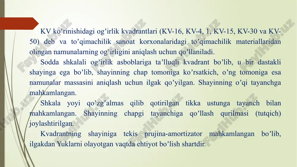 drantning belgilangan konstruktorlik hujjatlari, uning qolgan qoʼshimcha qismlari boʼlishi kerak. undan tashqari, koʼrsatkich egilmagan, shkalada qoʼshimcha chiziqlar chizilmagan va tirnalmagan boʼlishi lozim. kvadrantni ishlatishdan oldin qattiq va tekis joyga joylashtirib, undagi koʼrsatkichning oxirini shkalaning boshlanishiga toʼgʼri kelishi tekshirib koʼriladi. koʼrsatkich shkalaning boshlanish nuqtasiga toʼgʼri kelmaslik oraligʼi 0,5 mm dan koʼp boʼlmasligi kerak. uning uchun kvadrant har bir shkalaning oraligʼida oltita joyidan tekshirilib koʼriladi: boshidan, oʼrtasidan va oxiridan. tekshirish uchun shayinning oʼng tomonidagi ilgakka kerakli miqdordagi yuk osish bilan olib boriladi. kvadrantning ikkinchi oraligʼi birinchi oraligʼi kabi tekshirilib koʼriladi. unda shayinning chap tomondagi ilgagiga kerakli miqdordagi yuk osilib, ikkinchi oraligʼining koʼrsatkichi tekshiriladi va hokazo. kvadrantning asosiy oraliq xatoligi ±1 shkala oraligʼidan koʼp boʼlmasligi shart. image1.png image2.png image3.png image4.png image5.png image6.png image7.png image8.png image9.png /docprops/thumbnail.jpeg