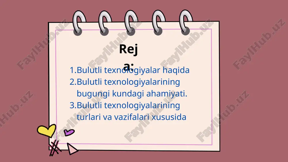 qilish, ulashish va hamkorlikda ishlash imkoniyatini ham taqdim etadi. bu esa filologlar uchun maqolalar yoki tarjimalar ustida birgalikda ishlashda juda qulay bo‘ladi. bulutli texnologiyalar yordamida tarjima jarayoni ham ancha tezlashadi. google docs kabi xizmatlar real vaqt rejimida tarjima qilish imkonini berib, tarjimonlarga o‘z ishlarini tezkor va samarali bajarishga yordam beradi. shuningdek, google translate yoki deepl kabi onlayn tarjima xizmatlaridan foydalanib, matnlarni tahlil qilish va tarjima qilish mumkin. bulutli texnologiyalarining bugungi kundagi ahamiyati. bulutli texnologiyalarining turlari va vazifalari google drive komapaniya: google bepul hajm: 15 gb premium versiya: google one orqali qo‘shimcha joy sotib olish mumkin (100 gb, 200 gb, 2 tb va hokazo). afzalliklari: google docs, sheets, slides va boshqa google xizmatlari bilan integratsiya android va chrome os bilan to‘liq moslik. yaxshi qidiruv tizimi kamchiliklari: google ekotizimiga bog‘langan ba’zi joylarda tezlik sekin bo‘lishi mumkin bulutli texnologiyalarining turlari va vazifalari dropbox kompaniya: dropbox, inc. bepul hajm: 2 gb premium versiya: plus …