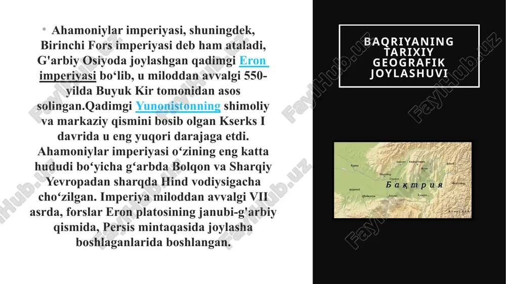 tik ptolemeylar qirolligi va salavkiylar imperiyasi hukmronligi ostiga oʻtdi, to ii asrga kelib markaziy platodagi eron elitalari nihoyat parfiya imperiyasi ostida hokimiyatni qaytarib olishguncha. 4 ahamoniylar istilosi va uning oqibatlari. midiyaliklar jangda dastlabki muvaffaqiyatlarga erishdilar, ammo buyuk kir va uning qo‘shini, hozirda forslar bilan ittifoqdosh bo‘lgan harpagni o‘z ichiga olgan deb aytilgan qo‘shinning qaytishi juda katta edi va midiyalar nihoyat miloddan avvalgi 549-yilga kelib zabt etildi. shunday qilib, birinchi rasmiy fors imperiyasi tug'ildi. xirba jangi miloddan avvalgi 552-yilda bo‘lib o‘tgan forslar va midiyaliklar o‘rtasidagi birinchi jang edi. bu, shuningdek, forslar qo‘zg'olon ko‘targanidan keyingi birinchi jang edi.bu harakatlar (ko‘pincha) buyuk kir tomonidan boshqargan, chunki u qadimgi yaqin sharqning kuchlarini o‘zgartirgan. jangdagi forslarning muvaffaqiyati forsning birinchi imperiyasining yaratilishiga olib keldi va kirning o‘n yil davomida deyarli barcha ma'lum dunyoni bosib olishini boshladi. jang haqida batafsil ma'lumot beruvchi yagona hokimiyat damashqlik nikolay bo‘lsa-da, gerodot, ktesis va strabon kabi boshqa taniqli tarixchilar ham o‘zlarining …