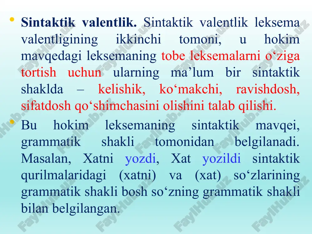 adi: so‘z birikmasi, so‘z tizmasi va gap. tenglashish aloqasi asosida so‘z tizmasi hosil bo‘lsa, tobelanish aloqasi asosida so‘z birikmasi va gap shakllanadi. so‘z qo‘shilmasi tobe aloqa so‘z birikmasi gap so‘z tizmasi teng aloqa so‘z tizmasi. so‘z tizmasi (olma va anor) teng huquqli a’zolardan tashkil topadi. ular orasida tobelik bo‘lmaydi. shunga muvofiq, so‘zlar orasida bir-birini izohlash, to‘ldirish hodisasi ham yo‘q. so‘z birikmasi birikuvchi so‘zlarning hokim-tobelik munosabati asosida hosil bo‘ladi. bunda izohlanuvchi a’zo kengayuvchi, izohlovchi a’zo kengaytiruvchi a’zo deb ham yuritiladi: kitobni o‘qimoq (kitobni – izohlovchi, kengaytiruvchi, o‘qimoq – izohlanuvchi, kengayuvchi). gap. gapning asosini ham tobelanish tashkil qiladi. kesim gapning markaziy, uyushtiruvchi bo‘lagi bo‘lib, u barcha gap bo‘lagini o‘ziga bevosita yoki bilvosita tobelaydi. sintaktik aloqani ifodalovchi vosita sintaktik shakl hosil qiluvchi qo‘shimcha, yordamchi so‘z, so‘z tartibi va ohangdir. (sintaktik shakl hosil qiluvchi vosita) – kelishik, egalik, kesimlik ko‘rsatkichlari. sb va so‘z. so‘z bir tushunchani ifodalaydi. sbda esa birdan ortiq tushuncha munosabatga kirishgan …