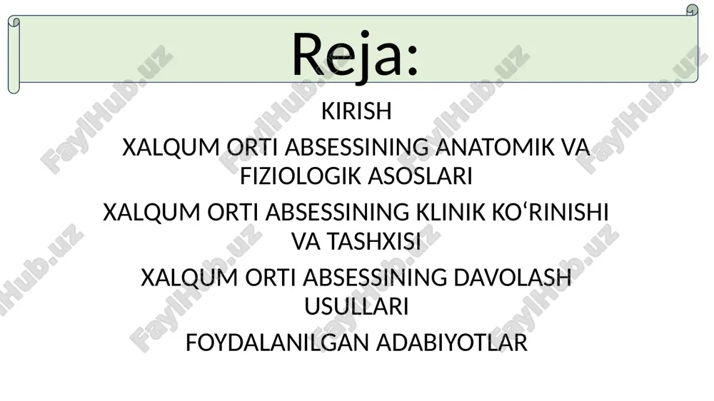 . bemor yutkunishda kuchli og‘riq sezib, boshini bir tomonga egib yurishga majbur bo‘ladi. bolalarda so‘lak oqishi kuchayadi va ular ovqatni qabul qila olmay qoladi. nafas olishda xirillash, g‘irchillash va qiyinchilik paydo bo‘lishi mumkin. og‘izni ochish qiyinlashishi trismus belgisidan dalolat beradi. agar bemorda nafas yetishmovchiligi kuchaysa, bu o‘ta xavfli holat deb baholanadi. bo‘yin old qismida shish paydo bo‘lishi ichki yiring to‘planishidan darak beradi. bola orqaga yotganda nafas olish yanada og‘irlashadi va stridor ovozi kuchayadi. bunday holatda vaqtni boy bermasdan shifokor yordamiga murojaat qilish zarur. shoshilinch yordam ko‘rsatilmasa, bemor asoratlarga duchor bo‘lishi mumkin. 3. xalqum orti absessining davolash usullari bemor nafas ololmayotgan bo‘lsa, birinchi navbatda uning havo yo‘lini ochiq saqlash zarur. tibbiyot xodimlari bemorni o‘tirgan holatda ushlab turadi va kislorod berishni boshlaydi. nafas yetishmovchiligi kuchaysa, traxeotomiya yoki intubatsiya o‘tkazilishi mumkin. bunday choralar bemor hayotini saqlab qolish uchun zarur. absess hali shakllanmagan infiltrativ bosqichda antibiotik terapiyasi samarali bo‘lishi mumkin. shifokor keng ta’sir doirasiga …