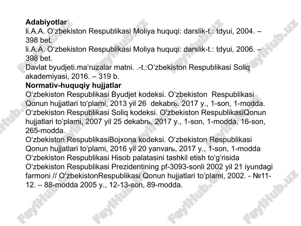 markazlashtirilgan jamg‘armasi bo‘lib, unda daromadlar manbalari va ulardan tushumlar miqdori, shuningdek moliya yili mobaynida aniq maqsadlar uchun ajratiladigan mablag‘lar sarfi yo‘nalishlari va miqdori nazarda tutiladi. byudjet iqtisodiy ma‘noda - byudjet jamg‘armalarini turli bo‘g‘inda tashkil etish, taqsimlash va foydalanish bilan bog‘liq bo‘lgan iqtisodiy (pul) munosabatlari tizimini anglatadi. moddiy ma‘noda byudjet - davlat yoki mahalliy hokimiyat organlarining o‘z oldiga qo‘ygan vazifalarini ta‘minlash maqsadida u yoki bu bo‘g‘inda tashkil qilinadigan markazlashgan pul jamg‘armalarini anglatadi. huquqiy ma‘noda byudjet - tegishli davlat hokimiyatining vakillik organi tomonidan tasdiqlangan, tegishli hududning markazlashgan pul jamg‘armasini tashkil etish, taqsimlash va foydalanishning moliyaviy rejasi hisoblanadi. o‘zbekiston respublikasi byudjet huquqining predmeti: 1) davlat pul mablag‘lari markazlashtirilgan jamg‘armasini tashkil etish 2) davlat pul mablag‘lari markazlashtirilgan jamg‘armasini taqsimlash 3)davlat pul mablag‘lari markazlashtirilgan jamg‘armasidan foydalanish bo‘yicha 4) yuzaga keladigan ijtimoiy munosabatlarni tashkil etadi byudjetning quyidagi uziga xos xususiyatlari 1) byudjet– davlat va ma‘muriy-hududiy tuzilmalarning xarajatlarini qoplash maqsadida tashkil etiladigan pul mablag‘lari jamg‘armasidir; 2) byudjet …