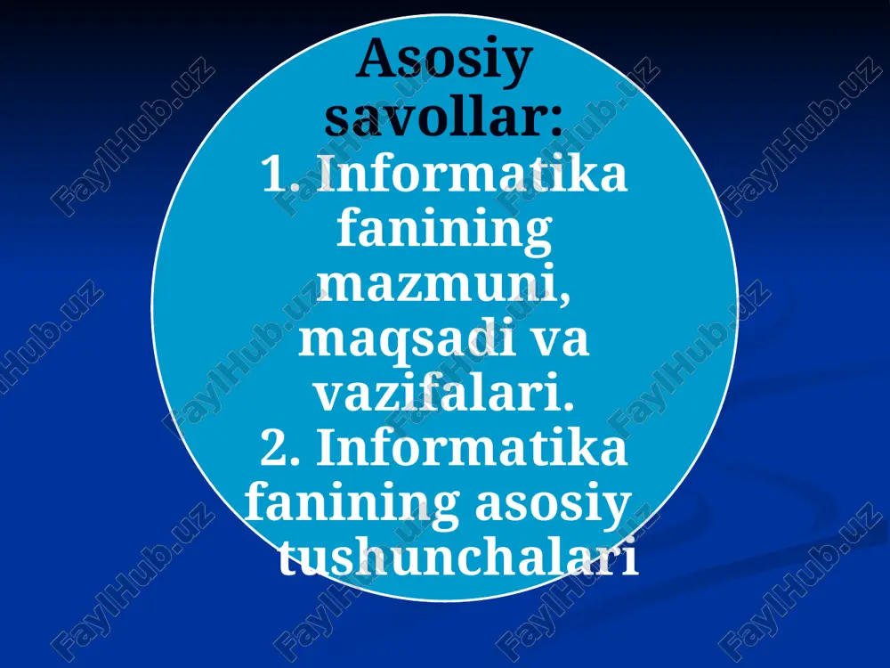 mazmuni quyidagilardan iborat: axborotlarni to`plash, uzatish va qayta ishlashning umumiy tavsifi; axborotli jarayonlarning texnik va dasturiy ta`minoti; axborot texnologiyalarining turlari va ko`rinishlari; zamonaviy axborot texnologiyalari va ularning tuzilishi; zamonaviy axborot texnologiyalarini ta`lim jarayoniga qo`llash va uning ahamiyati; o`quv va nazorat qiluvchi dasturlar va ular bilan ishlash; matnli va grafikli axborotlarni qayta ishlash texnologiyalari; multimediali texnologiyalar bilan ishlash; tarmoq texnologiyalari bilan ishlash; internet texnologiyasi bilan ishlash; masofaviy ta`limni yo`lga qo`yish va boshqalar. informatika fanining maqsadi va vazifalari quyidagilardan iborat: kompyuterni kundalik aqliy faoliyatda yordamchi sifatida foydalanishni yo`lga qo`yish; axborot madaniyati va uning ahamiyati haqida bilim berish; zamonaviy telekommunikatsiya, virtual voqelik, multimedia tushunchalarini shakllantirish; axborot texnologiyalaridan foydalana olish; informatika vositalaridan foydalanish xavfsizligi masalalari, aqliy mulk va dastur ta`minotidan foydalanishning huquqiy tomonlari bilan tanishtirish va boshqalar. informatika fanini o`rganish natijasida axborotlarni to`plash, uzatish, saqlash va qayta ishlash qonunlari, usullarini hamda tezkor kompyuterlar va boshqa zamonaviy axborot texnologiyalari ko`magidan foydalanish malakasi hosil bo`ladi. 2-asosiy …
