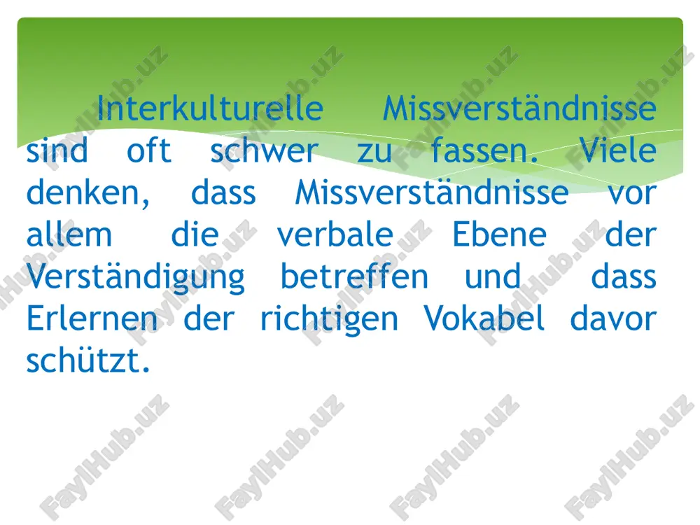 auf den muss ich nicht so viel rücksicht nehmen“, während der andere (z. b. aus ägypten) denkt „vor diesem alten menschen habe ich respekt wegen seines alters, was erfahrung und weisheit voraussetzt. ich werde ihn um seinen rat bitten.“ menschen aus unterschiedlichen kulturen nehmen also nicht nur die umwelt, sondern auch die personen in der kommunikation auf verschiedene weise wahr. denken menschen aus unterschiedlichen kulturen nehmen also nicht nur die umwelt, sondern auch die personen in der kommunikation auf verschiedene weise wahr. nach den denkmustern wollen wir im weiteren inhaltliche unterschiede betrachten, die in der verbalen und nonverbalen kommunikation auftreten. wenn wir den prozess der verständigung in einer interkulturellen situation betrachten, so gibt es drei bereiche, die ineinander greifen: verbale kommunikation, nonverbale kommunikation verhaltensmuster in der interaktion. auf allen drei ebenen gibt es die möglichkeit, dass sich die partner aus unterschiedlichen kulturen nicht verstehen oder missverstehen. image2.jpg image3.jpg image4.jpg image5.jpg …