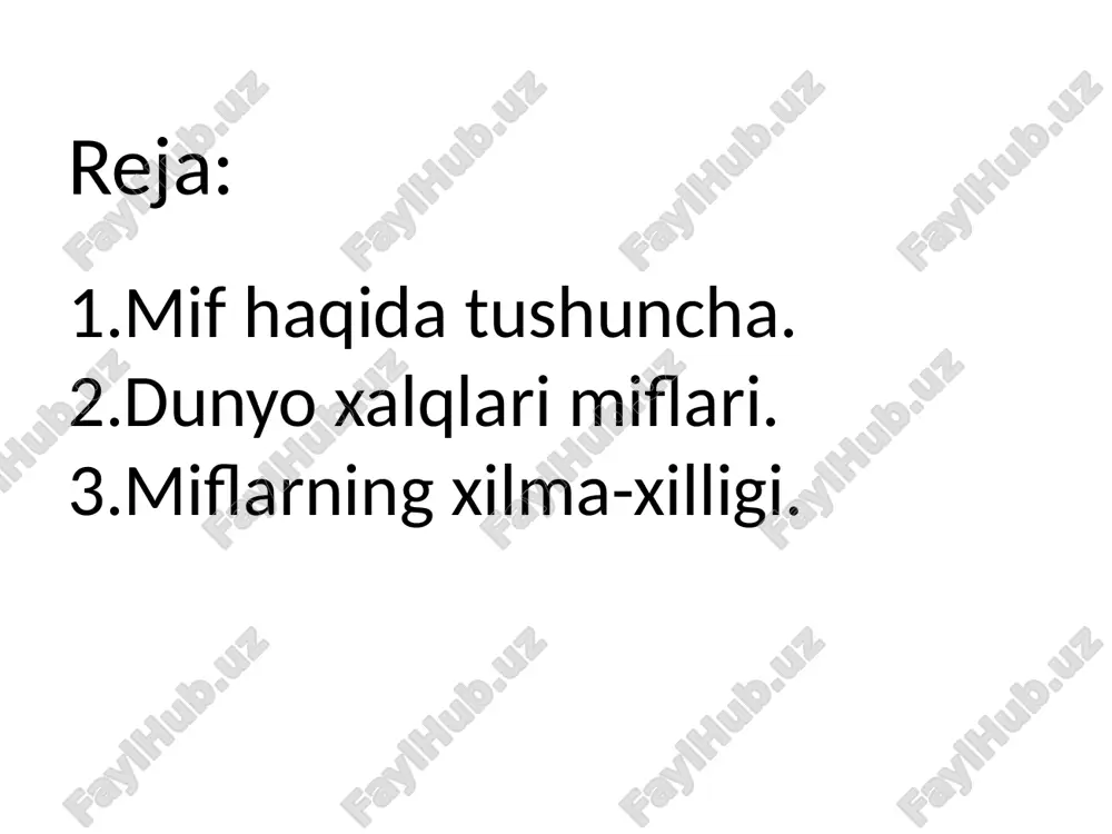 imgi misr aholisi tomonidan yaratilgan diniy rivoyatlar va afsonalar majmuasidir. bu miflar qadimiy misrliklarning olamning yaratilishi, hayot va o‘lim, ilohlar va inson o‘rtasidagi munosabatlar haqidagi tasavvurlarini aks ettiradi. misr mifologiyasi — dunyodagi eng qadimgi va eng boy mifologik tizimlardan biri hisoblanadi. 3. hind mifologiyasi— hindiston xalqlarining diniy e’tiqodlari, qadimiy dostonlari va falsafiy qarashlariga asoslangan murakkab va boy mifologik tizimdir. bu miflar asosan hind dinlari — induizm, buddizm va jaynizm asosida shakllangan bo‘lib, ularning asosiy manbalari qadimiy muqaddas matnlar — vedalar, ramayana, mahabharata va puranalardir. “ramayana” va “mahabharata” kabi muqaddas dostonlarda ilohiy janglar, qahramonlik, ezgulik va yovuzlik kurashi tasvirlanadi. vishnu, shiva, brahma kabi ilohlar asosiy o‘rinni egallaydi.hind mifologiyasi ko‘pgina xudolarga ega bo‘lib, ularning har biri turli kuchlar va tabiat hodisalarini boshqaradi turkiy xalqlar mifologiyasi — turkiy xalqlarning qadimiy diniy qarashlari, dunyo haqidagi tasavvurlari, qahramonlik va afsonaviy hikoyalarini o‘z ichiga oladi. bu mifologiya xalq og‘zaki ijodi — ertaklar, dostonlar, rivoyatlar va afsonalar …