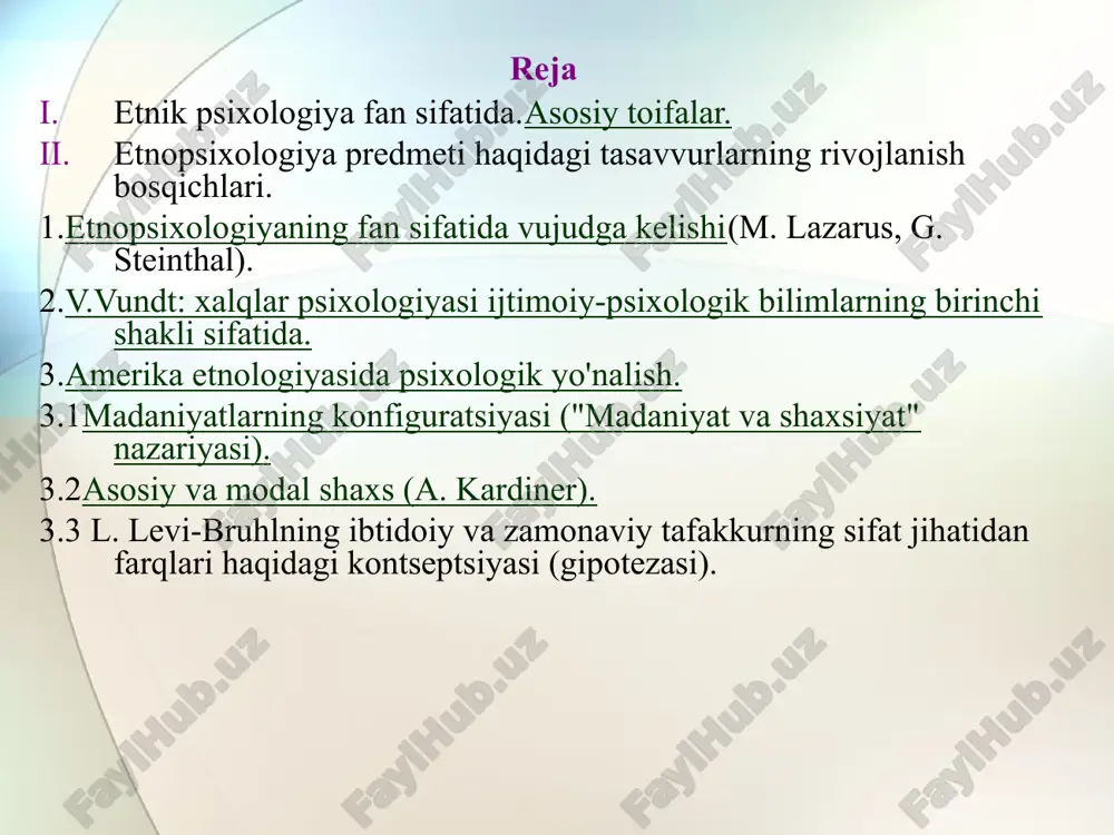 évi-bruhl, levi-strauss). - yosh rivojlanish muammolarini tahlil qilish (piaget va boshq.) madaniyatlararo (qiyosiy madaniyat) psixologiyasi. element- turli madaniyatlar va etnik jamoalardagi psixologik (o'zgaruvchilar) o'xshashliklari va farqlarini o'rganish. maqsad- "o'tkazish va tekshirish." bir madaniyatda olingan psixologik nazariyalar va faktlar boshqa madaniyatlarda "kuch" uchun sinovdan o'tkaziladi. 2. qidiruv vauniversallarvamadaniyatga xosdirpsixologik hodisalar. 3. ko'proq yaratishuniversal etnopsixologiya, nazariyasi va qonunlari eng ko'p etnik guruhlar va madaniyatlar uchun amal qiladi. etnopsixologiyaning maqsadlari: 1.ijobiy etnik va madaniy o'ziga xoslikni shakllantirishning psixologik mexanizmlarini aniqlash. 2. etnik tolerantlikni shakllantirishning psixologik mexanizmlarini o'rganish. etnopsixologiyaning vazifalari: ma'lumotlarni tushunish va umumlashtirishomillarvamanbalarmilliy-psixologik xususiyatlarni shakllantirish; milliy psixikaning o'ziga xos xususiyatlarini o'rganish: motivatsion sohava oqadiixtiyoriy jarayonlar; kognitiv faoliyat xususiyatlari; oqim va tarkib shakllarihissiyhayot (milliy tuyg'ular) va aloqa sohasi. qiyosiy(madaniyatlararo)turli xalqlarning etnopsixologik xususiyatlarini o'rganish. etnopsixologiyaning fanlararo aloqalari pedagogika millatlararo muloqot hikoya falsafa etnografiya (etnologiya) madaniy antropologiya psixologiya etnopsixologiya etnik psixologiyaning asosiy kategoriyalari 1. poyga 2. millat 3. etnik kelib chiqishi 3.1 izoh (l. gumilyov, yu. …