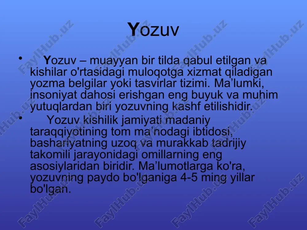orqali berish mumkin bo'lgan. bunda piktografik yozuvda ko'z rasmi berilganda ko'zning o'zi tushunilgan, ideografik yozuvda esa, «o'tkir ko'zlik», «ziyraklik», «hushyorlik» tushunilgan. qadimgi misr yozuvi ierogliflar – bu qadimiy misr (va b.) yozuvining belgilari bo‘lib, ular bir so‘z yoki bir nechta tovushni bildirgan. 7 . 7 fonografik yozuv fonografik (grekcha phone - tovush, grapho - yozaman) yozuv turi jamiyat taraqqiyoti natijasida shakllandi. bunday fonografik yozuv tilni nafaqat grammatik tuzilishini, balki uning fonetik tuzilishini, ya’ni so'zning tovush tarkibini ham aks ettirar edi. fonografik yozuv ikki turga bo'linadi: bo'g'in yozuvi hamda harf-tovush yozuvi. bo'g'in yozuvi qo'shma so'zlarni mayda qismlarga ajratish yo'li bilan paydo bo'ldi. bu mayda qismlar hozirgi vaqtdagi bo'g'inlarga to'g'ri keladi. bu yozuv turiga qadimgi hind yozuvi hisoblangan devanagari misol bo'la oladi. devanagarida 50 ta belgi mavjud bo'lib, uning 13 tasi so'z yoki bo'g'in boshidagi unli tovushlarni ifodalagan, 33 tasi bo'g'inlarga tegishli belgilar, 4 tasi yordamchi belgilardan iborat edi. finikiy yozuvi harf-tovush …