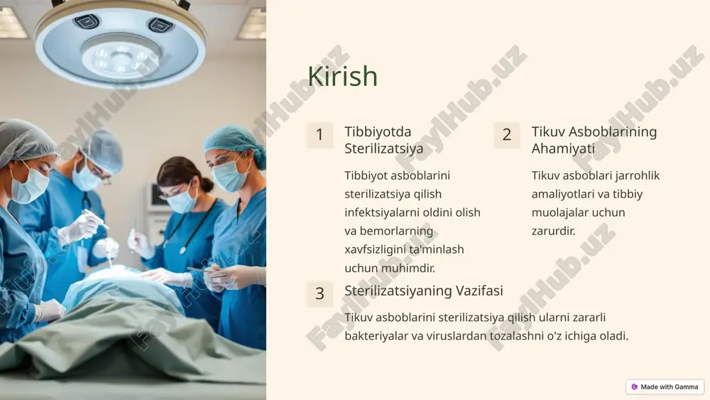 h afzalliklari: samarali, arzon. kamchiliklari: ba'zi materiallar uchun mos emas. gazli sterilizatsiya afzalliklari: turli materiallar uchun mos. kamchiliklari: qimmatroq, toksik gazlar bilan ishlash. radiatsion sterilizatsiya afzalliklari: juda samarali, katta miqdorda sterilizatsiya qilish. kamchiliklari: qimmat, maxsus jihozlar talab etiladi. 7 sterilizatsiya asboblari va jihozlari avtoklav yuqori harorat va bosim ostida bug' bilan sterilizatsiya qilish uchun ishlatiladigan mashina. sterilizatsiya mashinasi gazli sterilizatsiya uchun ishlatiladigan mashina. radiatsion sterilizatsiya jihozlari gamma nurlari yordamida sterilizatsiya qilish uchun ishlatiladigan maxsus jihozlar. 8 sterilizatsiya jarayonini nazorat qilish 1 harorat va bosim sterilizatsiya jarayonida harorat va bosimni nazorat qilish muhimdir. 2 vaqt asboblarni sterilizatsiya qilish uchun kerakli vaqtni aniqlash muhim. 3 indikatorlar sterilizatsiya jarayonining to'g'ri bajarilganligini tekshirish uchun indikatorlar ishlatiladi. 9 sterilizatsiya xavfsizligi xodimlarni himoya qilish sterilizatsiya jarayonida xodimlarni zararli moddalardan himoya qilish muhimdir. asboblarning xavfsizligi sterilizatsiya jarayoni asboblarning shikastlanishidan himoya qilish kerak. bemorlarning xavfsizligi steril asboblar bemorlarni infektsiyalardan himoya qilishda muhim rol o'ynaydi. 10 image1.png image2.png image3.png …