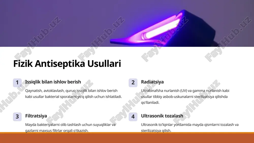 ptiklar turi ta'siri qo'llanilishi biguanidlar bakteritsid teri va shilliq pardalarni dezinfektsiya qilish kvaternial ammiyak birikmalari bakteritsid jarrohlik asbob-uskunalarini tozalash, yuzaki dezinfektsiya yodoforlar bakteritsid jarohatlarni dezinfektsiya qilish, operatsiyadan oldingi tayyorgarlik 5 biologik antiseptiklar bakteriofaglar viruslar bo'lib, faqat bakteriyalarni infektsiyalash qobiliyatiga ega. ular bakteriyalarga qarshi kurashish uchun qo'llaniladi. lizozimlar fermentlar bo'lib, bakteriyalar hujayra devorini buzish orqali ularni yo'q qiladi. antibiotiklar bakteriyalarni o'ldirish yoki ularning o'sishini to'xtatish uchun qo'llaniladigan dorilar. 6 antiseptika usullarini tanlash xatar darajasi infektsiya xavfi yuqori bo'lgan joylarda kuchliroq antiseptiklar qo'llaniladi. sezuvchanlik bemorning antiseptikka nisbatan sezuvchanligi hisobga olinadi. qo'llanilish joyi teri, shilliq pardalar, jarohatlar, asbob-uskunalar kabi joylarga mos antiseptiklar tanlanadi. narxi antiseptikning narxi va samaradorligi muvozanatlashtiriladi. 7 antiseptikani qo'llashda xavfsizlik 1 qo'llash bo'yicha ko'rsatmalarni o'qib chiqing har qanday antiseptikni qo'llashdan oldin uning qo'llanilish bo'yicha ko'rsatmalarini diqqat bilan o'qib chiqing. 2 to'g'ri miqdorda ishlating antiseptikni haddan tashqari ko'p ishlatish teriga zarar yetkazishi mumkin. 3 allergiya xavfini hisobga oling antiseptikka nisbatan allergiya …