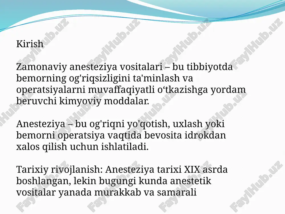 cha jarrohlikda ishlatiladi. mahalliy anesteziklar lidokain: tez ta'sir qiladi va uzoq davom etadi. afzallik: aniq boshqarish va kam yon ta'sirlar. bupivakain: uzun ta'sir muddati bilan, uzoq jarrohlik operatsiyalarida ishlatiladi. kamchiliklar: to'liq blokada, toksik ta'sirlar. ropivakain: kamroq toksik va sezgirlikni kamroq kamaytiradi. xavfsizroq, lekin uzoq ta'sir ko'rsatadi. anestezik vositalarning biokimyoviy xususiyatlari farmakokinetika: anestezik vositalar organizmga qanday kirishi, tarqalishi, metabolizmi va chiqarilishi. misol: propofol tez so'riladi, metabolizm tez bo'ladi, tez yo'qoladi. farmakodinamika: anestezik vositalar organizmda qanday ta'sir ko'rsatadi, uning nerv tizimiga qanday ta'sir qiladi. yangi zamonaviy anestezik vositalar dexmedetomidin: yangi sedativ va analjezik, ko'pincha intensiv terapiyada ishlatiladi. bemorni uxlashga yordam beradi, lekin tez va oson ravishda tiklanadi. remifentanil: ultra-kam davomli opioid analjezik. operatsiyalarda qo‘llaniladi, xavfsizlik darajasi yuqori. anesteziyaning xavf va asoratlari asoratlar: yomon reaksiya: allergik reaksiyalar, yurak arrhythmiyalari, gemodinamik barqarorlikning buzilishi. narkozdan chiqishda yuzaga keladigan noqulayliklar: bosh aylanishi, qayt qilish, yurak-qon tomir tizimi buzilishi. xavflarni kamaytirish: monitoring tizimlari va anesteziya boshqaruvi yordamida …