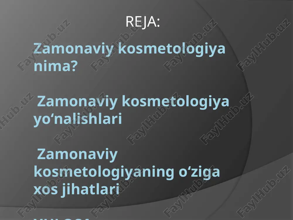 lar yordamida uzoq muddatli ta’sir. 5. kosmecevtika kosmetik va farmatsevtik vositalarning birikmasi bo‘lib, muammoli teri uchun dori sifatida ishlatiladi. yo‘nalishlari: anti-age mahsulotlari. akne va husnbuzarga qarshi kremlar. yog‘li yoki quruq teri uchun maxsus mahsulotlar. o‘ziga xos jihati: kosmetikadan ko‘ra kuchliroq, ammo tibbiy vositalardan xavfsizroq. zamonaviy kosmetologiyaning o‘ziga xos jihatlari individuallik: har bir bemor uchun shaxsiy yondashuv. jarrohliksiz usullar: ko‘pchilik jarayonlar jarrohlik aralashuvisiz amalga oshiriladi. innovatsion texnologiyalar: lazer, ultratovush va radiochastotalar kabi yuqori texnologiyalar keng qo‘llaniladi. tezkor natijalar: davolash yoki protseduradan so‘ng qisqa vaqt ichida sezilarli o‘zgarishlar. oldini olish: teri va tashqi ko‘rinish muammolarini erta bosqichda hal qilish imkoniyati. xulosa zamonaviy kosmetologiya go‘zallik, salomatlik va o‘ziga bo‘lgan ishonchni mustahkamlashga xizmat qiladi. u estetik va tibbiy yondashuvlarni birlashtirgan bo‘lib, insonlarning tashqi ko‘rinishini nafaqat yaxshilash, balki uzoq muddatli parvarish uchun imkon yaratadi. kosmetologiyaning barcha yo‘nalishlari zamonaviy talab va ehtiyojlarga mos ravishda rivojlanmoqda. image1.jpeg image2.jpeg image3.jpeg image4.jpeg /docprops/thumbnail.jpeg