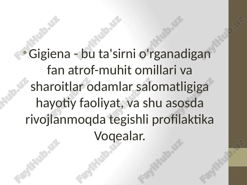 3) aholini gigienik tarbiyalash va tarbiyalash. vrach amaliyotida gigienik bilimlarning ahamiyati tibbiy profil (pediatr, stomatolog, farmatsevt, sog'liqni saqlash menejeri) 1. aholiga gigienik ta'lim va tarbiya berish (sanitariya-ma'rifiy ishlar). 2. kasalxona ichidagi infeksiyalarning oldini olish chora-tadbirlari. 3. xodimlar orasida umumiy va kasbiy kasallanishni kamaytirish lpo. 4. diagnostika. 5. davolash. 6. gigienik ustidan ishlab chiqarish nazoratini amalga oshirish sog'liqni saqlash muassasalaridagi sharoitlar, sog'liqni saqlash muassasalarini litsenziyalash. 7. deontologik tamoyillarni amalga oshirish aholi salomatligi darajasini belgilovchi omillarning asosiy guruhlari 1.tabiiyning xususiyatlari (ekologik) muhit: iqlim va ob-havo sharoiti, tabiiy resurslar, biogeokimyoviy xususiyatlari viloyatlar, quyosh faolligi, tabiiy elektromagnit maydonlar, vulqon faoliyati, zilzilalar, toshqinlar va boshqalar omillar 2. aniqlangan omillar texnogen inson faoliyati (antropogen omillar): urbanizatsiya, sanoatlashtirish, hammaning ifloslanishi atrof-muhit ob'ektlari tabiiy muhit (havo, suv, tuproq, oziq-ovqat mahsulotlar va boshqalar). 3. biologik insoniy xususiyatlar: genom xususiyatlari inson, markaziy tip asabiy faoliyat, qarshilik ko'rsatish qobiliyati salbiy stress ta'sir qiladi. 4.ijtimoiy, ijtimoiy-iqtisodiy insonning yashash sharoitlari: moddiy sharoitlar, uy …