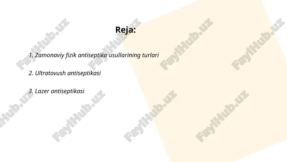 ptikasi — zamonaviy tibbiyotda jarrohlik amaliyotlaridan oldin mikroorganizmlarni yo'q qilish uchun qo'llaniladigan usuldir. ushbu usulda yuqori energiyali lazer nuri mikroblarni bevosita sterilizatsiya qiladi. lazer antiseptikasi, an'anaviy usullarga nisbatan, tezkor va samaraliroq sanaladi, chunki u kontakt talab qilmaydi va ko'pincha kengroq hududlarni qamrab oladi. tadqiqotlar ko'rsatadi, lazer yordamida bakteriyalarni 99% dan yuqori samaradorlikda yo'q qilish mumkin. shu bilan birga, bu usulning toģri qo'llanilishi jarohatlarning tez tiklanishiga va infeksiya xavfini sezilarli darajada kamaytirishga yordam beradi. ... t.me/slaydai_bot 4. radiatsion antiseptika radiatsion antiseptika oziq-ovqat mahsulotlarini uzoq muddat saqlashda qo'llaniladi va ularni mikroorganizmlardan tozalash uchun ionlashtiruvchi nurlanishdan foydalanadi. bu metod bakteriyalar, zamburug'lar va boshqa patogen mikroorganizmlarning ko'payishini to'xtatadi. radiatsion antiseptika dunyoning ko'plab mamlakatlarida tan olinadi va xavfsizlik me'yorlariga muvofiq amalga oshiriladi. bir kilogramm oziq-ovqatga ta'sir qiladigan doza odatda 1 dan 10 kgy (kilogrey) orasida bo'ladi. bu usul ehtiyotkorlik bilan nazorat qilinadi, chunki yengil dozalarda mahsulotning kimyoviy tarkibi o'zgarmasdan qoladi va qadoqlangan mahsulotlarning sifati saqlanadi. …