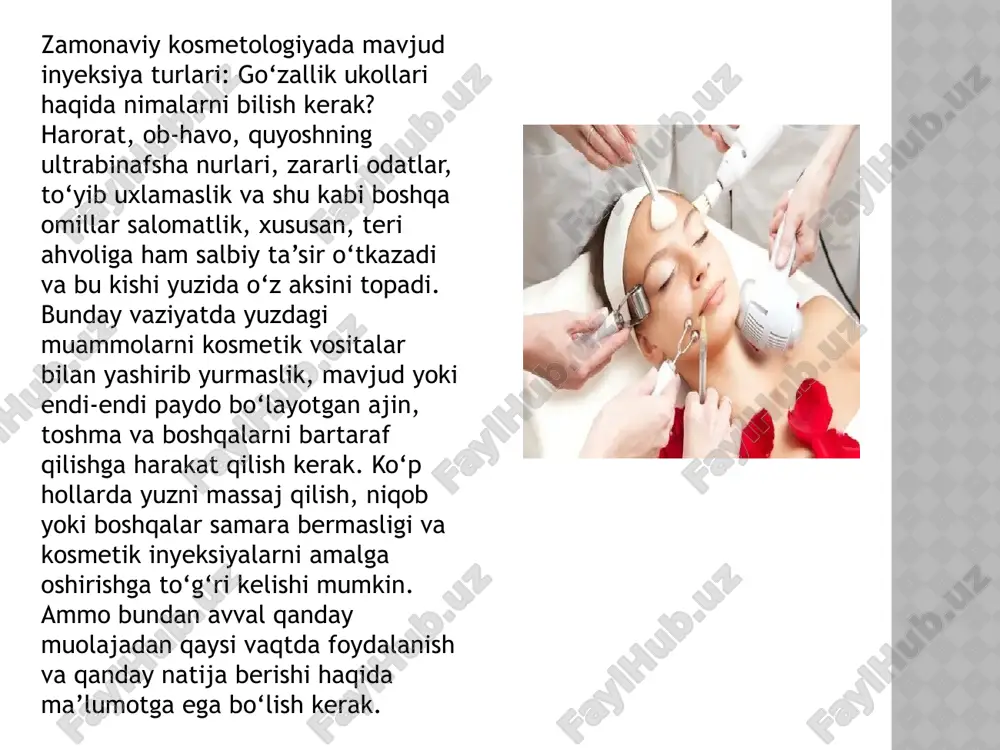 o‘q qilish haqida bosh qotirgandan ko‘ra, ularni oldini olish tavsiya qilinadi. biorevitalizatsiya va mezoterapiya ushbu har ikki muolaja ham teri gidrorezervasini to‘ldirish, parvarishlash, aminokislota, mikroelement va peptidlar bilan boyitish qolaversa, kollagen va elastin ishlab chiqaradigan hujayralar ya’ni fibroblastlarni faollashtirish maqsadida amalga oshiriladi. 25 yoshdan keyin fibroblastlarning tabiiy ishlab chiqarish xususiyati kamayadi va qo‘shimcha yordam kerak bo‘ladi. biorevitalizatsiyani amalga oshirish uchun gel ko‘rinishidagi gialuron kislotasidan foydalaniladi. muolaja uch martadan ko‘p olib borilmaydi, terining turiga qarab eng ko‘pi bilan besh marta bo‘lishi mumkin. mezopreparatlar mezopreparatlar gialuron kislotasini ichiga olishi yoki olmasligi ham mumkin. suyuq holda bo‘lgani uchun mezokokteyl deb ataladi. uning tarkibida gialuron kislotadan tashqari, vitamin, mineral va o‘simlik ekstraktlari bo‘lishi mumkin. shu sabab ham mezopreparatlardan, husnbuzar va boshqa dermatologik, trixologik muammolarni bartaraf qilishda samarali foydalaniladi. mutaxassislar, maksimal natijaga erishishni istaydiganlar uchun biorevitalizatsiyani, 25-30 yoshdagi terisi yaxshi ayol va qizlar uchun esa mezoterapiyani tavsiya qiladi. har ikki muolajani o‘tkazishdan avval ko‘p suyuqlik …