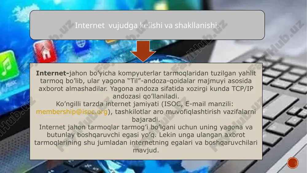 nternetning rivojlanishi xx asr 60-yillari oxiri va 70-yillarida internet tarmog`i uncha keng rivijlanmadi. dastlabki o`n yillik xalqaro tarmoq, asosan, harbiylar va yirik olimlarning shaxsiy elektron liniyalari faoliyati doirasi bilan cheklandi. internetning beqiyos rivojlanish sur`ati davlat, ta`lim, akademik va ijtimoiy tuzilmalarning o`ziga xos umumiy moliyaviy va inelektual ulushiga bog`liq edi. xx asrning so`nggi 10 yilligida internet tizimi beqiyos darajada o`sdi. internet xizmatidan foydalanuvchilar soni butun yer yuzi bo`yicha 170 mln. kishini tashkil qiladi. hozirgi kunda world wide web internetning eng tez rivojlanayotgan sohalaridan biri bo'lib qoldi.internet deganda ko'pchilik world wide web (qisqacha web yoki www) ni tushunadi. aslida world wide web internetning bir qismi bo'lib, xalqaro o'rgimchak to'ri ma'nosini anglatadi. world wide web multimedia (multimedia — rasm va matnli axborotni tovushli va harakatdagi shakllardan iborat axborot bilan birlashtirish texnologiyasi) imkoniyatlariga ega boigani uchun foydalanuvchilar e'tiborini juda tez qozondi. www (world wide web) – butun jahon tarmog’i. ayni mana shu xizmat internet …