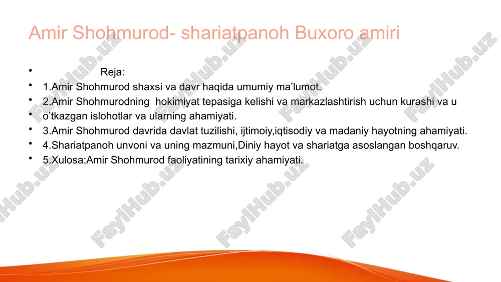 b olamdan oʻtganini yozib qoldirishgani va u 1800-yilda vafot etgani ushbu toʻxtamga kelinishiga asos qilib koʻrsatiladi. muhammad shohmurodning shajarasi bir qancha manbalarda quyidagi tarzda keltiriladi: amir muhammad shohmurod — muhammad doniyolbiy otaliq — xudoyorbiy otaliq — xudoyqulibiy — keldiyorbiy — chovushboy. uning bobokaloni chovushboy oʻz davrida oʻzbek qavmlari orasida mangʻit urugʻining juda boy-badavlat kishisi boʻlgan. manbalarda keltirilishicha, naslining kelib chiqishi tumanoyxonga borib taqalar ekan.muhammad doniyolbiy otaliq buxoro xonligini boshqarishni boshlagan vaqtda shohmurod 17 yoshga toʻlgandi. shohmurod oʻzining 11 ta ukasidan alohida ajralib turgan. shohmurodning ilm-fanga ishtiyoqi baland boʻlib, uning tarbiyasi bilan otasi ham jiddiy shugʻullangan. yoshligida bir necha yil mir arab madrasasida (bir manbaga koʻra, koʻkaldosh madrasasida) tahsil olgan. shohmurod farosatli, aqlli va taqvodor boʻlib voyaga yetisha boshlaydi. u shariat va tariqatni puxta oʻrganadi. tariqatda mujaddidiya-naqshbandiya sulukida edi. boshqa ilmlar qatori tasavvuf taʼlimoti bilan jiddiy shugʻullanib, oʻzi ham madrasada dars beradi. shohmurod ona tili turkiy-oʻzbek tilidan tashqari arabcha va forschani …