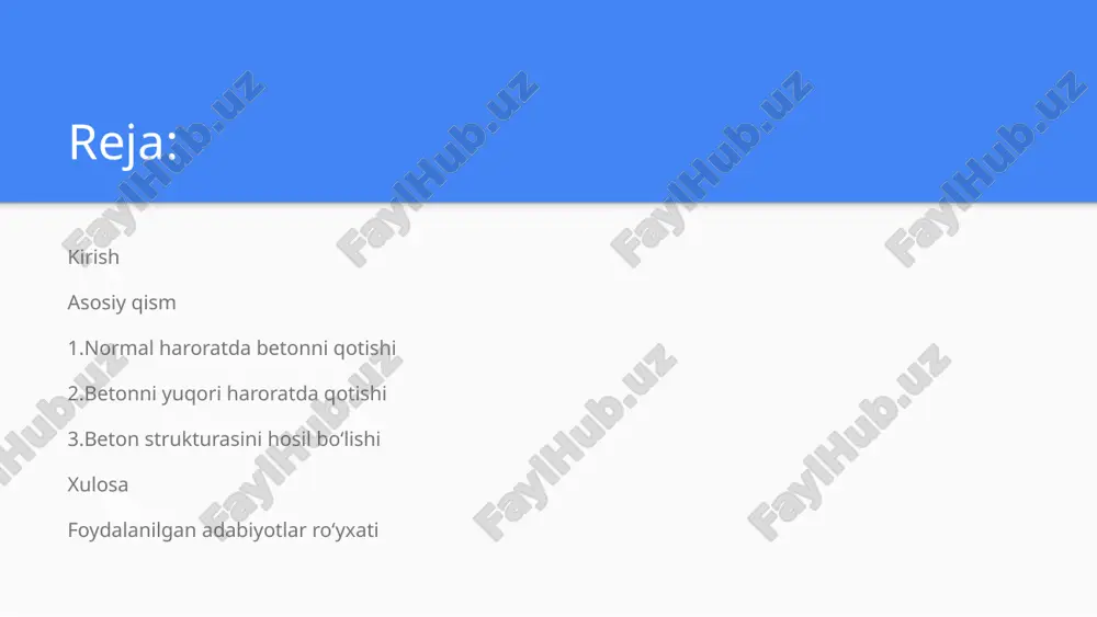 bug‘lash va elektr isitish. quruq va issiq iqlim sharoitida betonning qotishi quruq va issiq hududlarda kun davomida havo harorati soyada 35–40 °c gacha, ba’zi hollarda esa 45 °c gacha ko‘tariladi. havoning nisbiy namligi esa 15–20 % gacha kamayib ketadi. bundan tashqari, bunday hududlarda quyosh nuri juda kuchli bo‘ladi, quruq shamollar esadi, harorat va namlik kechayu kunduzda keskin o‘zgaradi hamda yog‘ingarchilik juda kam bo‘ladi. bunday sharoit beton ishlari texnologiyasiga, beton konstruktsiya va inshootlarning mustahkamligi va uzoq muddat xizmat qilishiga salbiy ta’sir ko‘rsatadi. natijada betonning xossalari o‘zgaradi, unda darzlar paydo bo‘ladi, deformatsiya kuchayadi. quruq va issiq iqlim sharoitlarini inobatga olmaslik konstruktsiya va inshootlarning sifatini keskin pasaytiradi, hatto ularning buzilishiga olib keladi. masalan, shimoliy qozog‘istondagi don ombori va bekobod sement zavodidagi sement omborlari buzilish sabablari o‘rganilganda, beton ishlari aynan yozning issiq va quruq faslida bajarilgani aniqlangan. shu sababli betonning fizik-mexanik xossalari me’yoridan ancha past bo‘lib chiqqan. masalan, beton mustahkamligi 20 mpa bo‘lishi kerak …