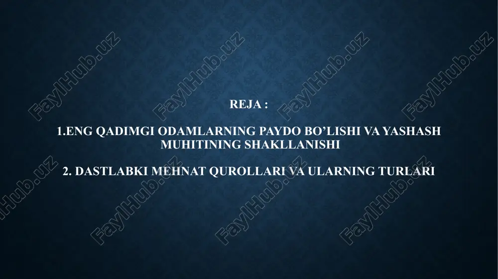 an: iqlim: muzlik davrlarida odamlar sovuqdan saqlanish uchun g‘orlarga kirgan, iliqroq joylarga ko‘chgan. suv manbalariga yaqinlik: daryo, soy va buloqlar yaqinida yashash ov va termachilikni yengillashtirgan. oziq-ovqat resurslari: hayvonlar va yovvoyi o‘simliklarga boy hududlar afzal ko‘rilgan. yirtqichlardan himoya: himoyalangan joylar, balandliklar yoki g‘orlar xavfsizroq bo‘lgan. asta-sekin odamlar doimiy yashash joylari qurishni o‘rganib, urug‘ yoki qabila bo‘lib yashashni boshladilar. bu esa mehnat faoliyati va ijtimoiy hayot rivojlanishiga turtki bo‘ldi. qadimgi odamlarning mehnat faoliyati ularning yashash sharoitlari, iqlimi, resurslari va texnologik imkoniyatlariga qarab o‘zgarib turardi. quyida umumiy ma'lumot:paleolit davri (ovchilik va yig‘uvchilik):qadimgi odamlar (homo habilis, homo erectus, homo sapiens) asosan ovchilik va yovvoyi o‘simliklarni yig‘ish bilan shug‘ullangan.o‘tkinchi hayot kechirganlar, hayvonlarni (mamont, bug‘u, yovvoyi ot) ovlash uchun tosh, suyak va yog‘ochdan qurol-asboblar (nayza, o‘q-yoy, tosh bolta) yasaganlar.mehnat taqsimoti soddalashtirilgan: erkaklar ov bilan, ayollar esa yig‘uvchilik va bolalar tarbiyasi bilan shug‘ullangan.mezolit va neolit davri (dehqonchilik va chorvachilik):iqlimning yumshashi va texnologik yutuqlar (silliqlangan tosh asboblar) …