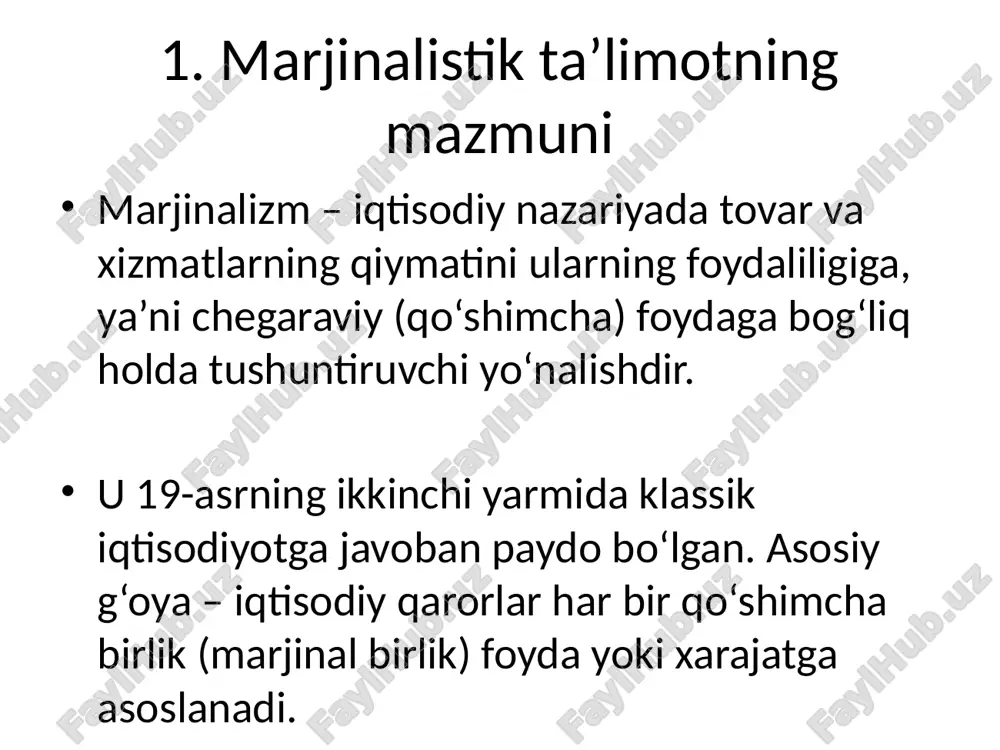 ng psixologik omillar bilan bog‘liqligini ko‘rsatib, iqtisodiyot fanini inson xatti-harakatlari bilan yanada yaqinlashtirdi. iqtisodiy ahamiyati marjinalistik yondashuv bugungi kunda mikroiqtisodiyotning asosiy tamoyillarini shakllantirgan. u resurslardan samarali foydalanish, narx mexanizmini tushunish va bozor muvozanatini ta’minlashda muhim rol o‘ynaydi. zamonaviy iqtisodiyotda marjinalizm o‘rni marjinal tahlil hozirda biznes, marketing, moliya va siyosiy iqtisodda qo‘llaniladi. u foyda va xarajat tahlili, iste’molchi tanlovi hamda ishlab chiqarish rejalashtirishda keng qo‘llaniladi. shunday qilib, marjinalistik ta’limot zamonaviy iqtisodiy fikrning ilmiy asosini tashkil etadi. /docprops/thumbnail.jpeg