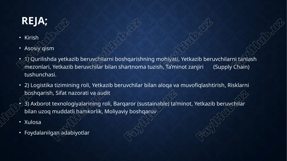 lashda quyidagi mezonlarga e’tibor qaratiladi: mahsulot sifati — materiallar xalqaro va mahalliy standartlarga javob berishi kerak. narx siyosati — bozordagi raqobatga mos, iqtisodiy jihatdan maqbul narx. yetkazib berish muddati — loyiha jadvaliga mos kelishi. ishonchlilik va tajriba — ilgari bajarilgan loyihalar orqali baholash. xizmat ko‘rsatish darajasi — hujjatlar, logistika va kafolat xizmati sifati. bu mezonlar asosida kompaniya reyting tizimini tuzib, eng samarali yetkazib beruvchilarni tanlaydi. yetkazib beruvchilar bilan shartnoma tuzish shartnoma – bu hamkorlikni qonuniy jihatdan mustahkamlovchi asosiy hujjatdir. shartnoma tuzishda quyidagi jihatlar muhim: yetkazib beriladigan mahsulot turi, miqdori, narxi yetkazib berish muddati va transport shartlari sifat kafolatlari va sinov tartiblari to‘lov shartlari fors-major holatlari (kutilmagan kechikishlar, favqulodda vaziyatlar) to‘g‘ri tuzilgan shartnoma kelajakdagi nizolar va iqtisodiy yo‘qotishlarning oldini oladi. ta’minot zanjiri (supply chain) tushunchasi ta’minot zanjiri – bu mahsulot yoki xizmat manbadan oxirgi iste’molchigacha yetib boradigan barcha bosqichlarning ketma-ket tizimidir. qurilishda bu zanjir quyidagilarni o‘z ichiga oladi: xomashyo ishlab chiqaruvchilari …