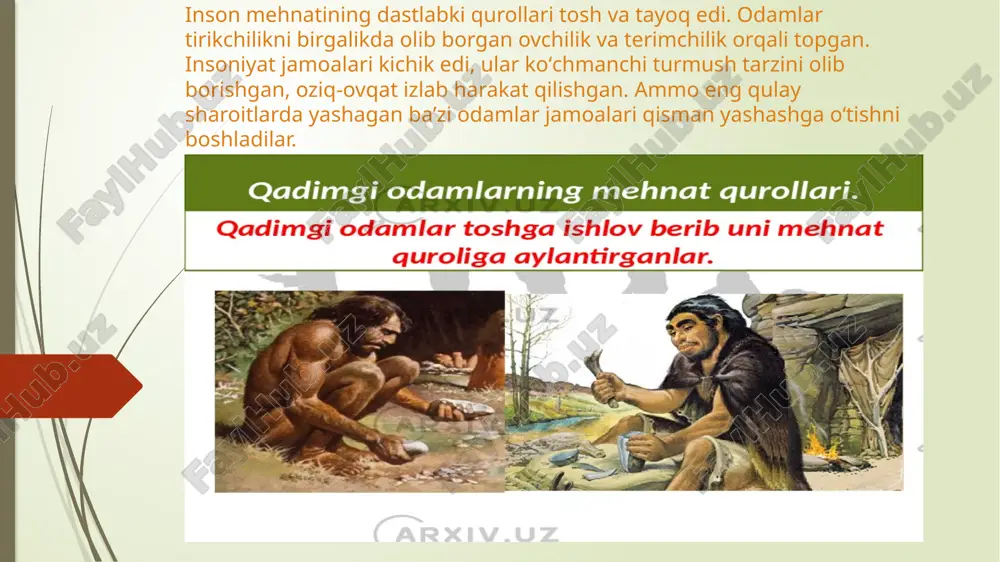 amoa iborasi juda buyuk kashfiyot hisoblanib, u birinchi navbatda etnograf olim l. g. morgan nomi bilan bogʻliq. l. g. morgan oʻzining „qadimgi jamiyat“ (1877) asarida juda boy etnografik materiallarga asoslangan holda ilmiy olamga birinchi boʻlib, kishilik tarixining dastlabki sinfiy jamiyatga qadar boʻlgan davrini ikki bosqichga boʻlgan: 1-bosqich „ibtidoiy toʻda“, 2-bosqichi esa „ibtidoiy urugʻchilik jamoasi“ deb atadi. ibtidoiy toʻda bosqichi oʻz mazmun va mohiyati bilan ilk ajdodlarimizning „hayvonot“ olamidan ajralib insoniyat olamiga oʻtish davri bilan harakterlanadi. l. g. morgan bu bosqichni ibtidoiy jamoaga kiritmagan. tosh davri — insoniyat taraqqiyotidagi eng qadimgi davr. bu davrda mehnat qurollari hamda qurolyarogʻlar, asosan: tosh, yogʻoch va suyakdan yasalgan. tosh davri qadimiy , oʻrta va yangi davrlarga boʻlinadi. tosh davri bundan taxminan 2 million yil oddinroq boshlanib, oʻzbekistonda 4 ming yil burun tugagan (ayrim hududlarda uzoqroq davom etgan). matriarxat (lotincha mater — ona va yun. arche — ibtido, hokimiyat; aynan — ona hukmronligi), ginekokratiya — asosan, …