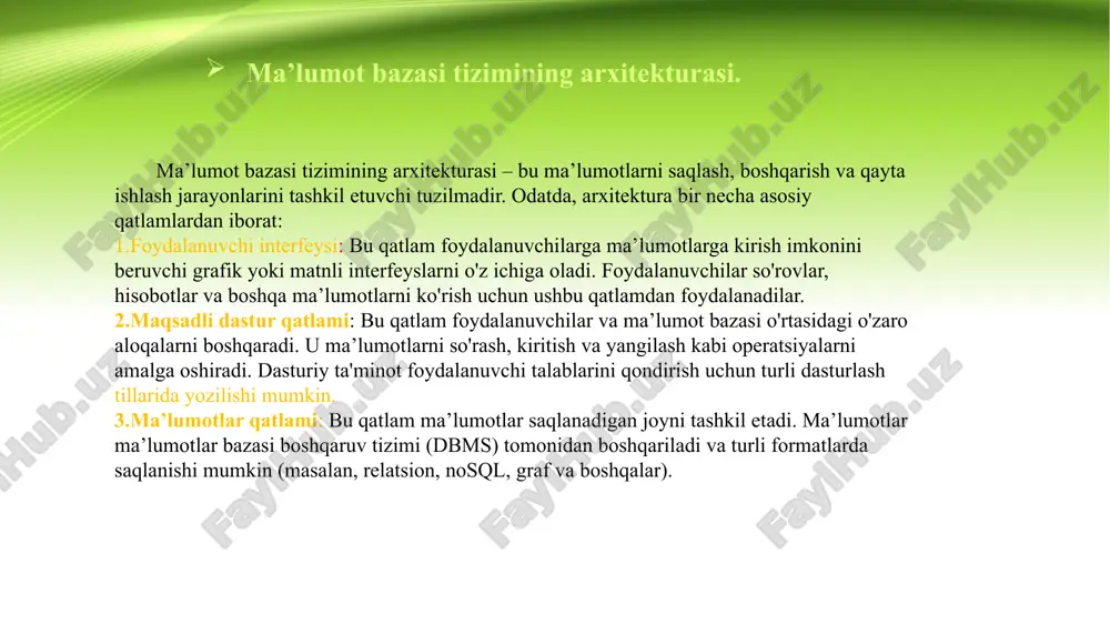 not va ma’lumotlar bazasi alohida joylashadi. bu model yirik va murakkab tizimlar uchun mos keladi va ko'proq masofaviy ishlash imkoniyatlarini taqdim etadi. mikroxizmatlar arxitekturasi: zamonaviy dasturlar uchun qo'llaniladigan yondashuv bo'lib, har bir xizmat mustaqil ishlaydi va o'z ma’lumotlariga ega bo'ladi. bu arxitektura kengaytirilishi va yangilanishi oson. ma’lumot bazasi tizimining arxitekturasi uning samaradorligini, ishonchliligini va foydalanuvchilarga qulayligini ta'minlashda muhim rol o'ynaydi relyatsion ma’lumot modeli. relyatsion ma’lumot modeli – bu ma’lumotlarni saqlash va tashkil etish uchun ishlatiladigan model bo'lib, u ma’lumotlarni jadvallar (yoki relatsiyalar) ko'rinishida ifodalaydi. relyatsion ma’lumot modelining asosiy xususiyatlari quyidagilardan iborat: asosiy tushunchalar jadval (relatsiya): ma’lumotlar jadval ko'rinishida tuziladi, har bir jadval bir yoki bir nechta ustunlardan (atributlardan) iborat bo'ladi. jadvalning har bir qatori bir ma’lumot to'plamini ifodalaydi. ustunlar (atributlar): jadvaldagi ustunlar ma’lumotlar turini belgilaydi. har bir ustun ma’lum bir turdagi ma’lumotlarni saqlaydi (masalan, raqamlar, matnlar, sanalar). qatorlar (tufayli): har bir jadvaldagi qatorlar bir ma’lumot to'plamini (yoki yozuvni) ifodalaydi. har …
