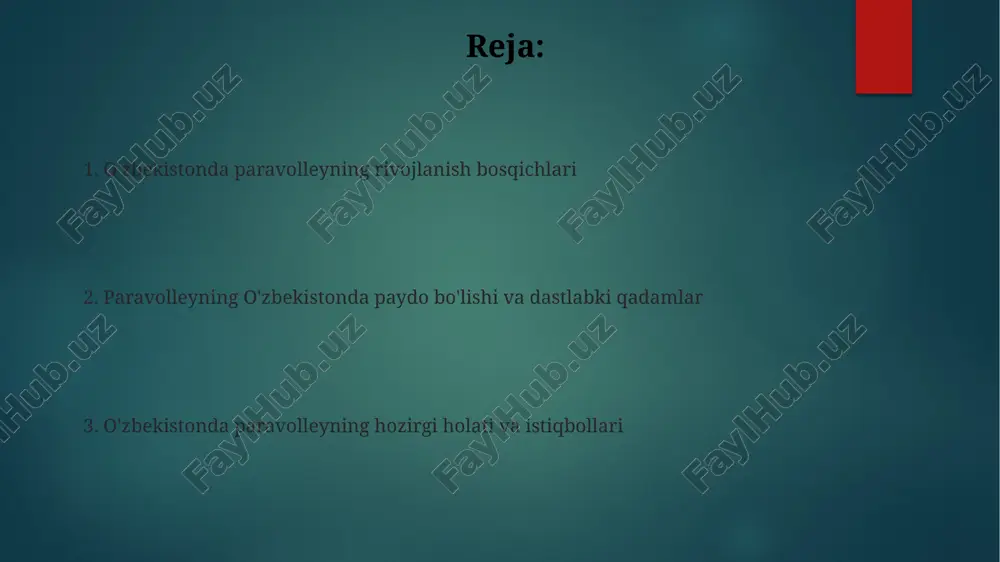 rivojlantirish (sport zallari, jihozlar) 3-bosqichda asosiy e’tibor viloyatlarda kamida 10 ta zamonaviy paravolley sport zallarini jihozlashga qaratildi, shu bilan o’yinchilar uchun qulay sharoit yaratildi. 2023-yilga kelib, har bir sport zalida 2 ta yangi turdagi paravolley to’rlari, 50 ta to’p va tibbiy yordam ko’rsatish uchun zarur bo’lgan barcha jihozlar bilan ta’minlandi. 4-bosqich: mahalliy murabbiylar va hakamlarni tayyorlash ushbu bosqichda kamida 20 nafar mahalliy murabbiy va hakamlarni tayyorlash maqsad qilingan, ularning malakasini oshirish uchun 3 ta o'quv seminar tashkil etiladi. mahalliy murabbiylar va hakamlarning 4 ta hududiy markazlarda nazariy va amaliy mashg'ulotlar o'tkazish orqali malakasi oshiriladi. 5-bosqich: paravolley bo'yicha milliy chempionatlar va turnirlar tashkil etish 5-bosqichda 10 ta jamoa ishtirokida o'zbekiston paravolley chempionati tashkil etildi, bu sportning rivojlanishida muhim qadam bo'ldi. milliy chempionatlarda g'olib bo'lgan jamoalar xalqaro turnirlarga yo'llanma oldi, bu esa o'zbekiston paravolleyini jahon sahnasida tanitishga yordam berdi. 6-bosqich: xalqaro hamkorlikni kengaytirish (o'quv-mashg'ulot yig'inlari, tajriba almashish) o'zbekiston paravolley jamoasi 2023-yilda ilk …