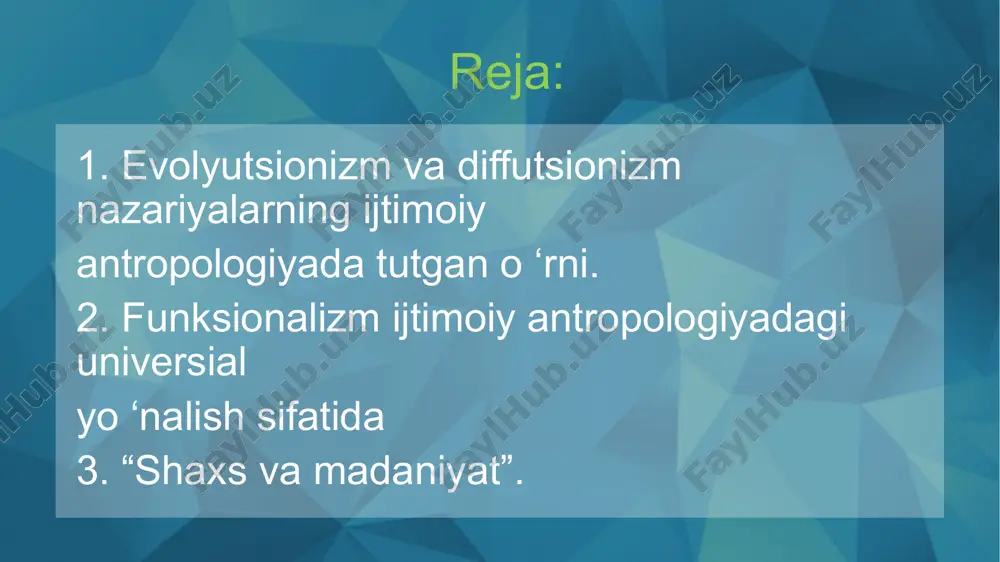 ng ildizlari fransuz oliiftari o.kont va e.dyurkgeym, ingliz olimlari b.malinovskiy va a.radkliff-braunlaming asarlarida ko‘rsatib o‘tilgan 11 12 bu yo‘nalish psixologik antropologiya deb ham nomlanadi. bu yo‘nalish xx asming birinchi yarmidan boshlab tarix sohasidagi izlanishlarda muhim ahamiyat kasb eta boshlagan. “madaniyat va shaxs” yo‘nalishi tarafdorlari kishilar tomonidan ‘madaniyat shakllarining turli hususiyatlarini jamiyatga berishi mobaynida madaniyatni yanada tezroq rivojlanishiga ta’sir eta oladi, deb tushunishadi. bu nazariya madaniygrt integratsiyasi o‘sishi mexanizmi borasida izlanishlar olib boradi. 14 15 16 17 e‘tiboringiz uchun raxmat 18 image1.png image2.jpeg image3.png image4.jpeg image5.png image6.jpeg image7.jpeg image8.png image9.jpeg image10.jpeg image11.jpeg image12.jpeg image13.jpeg image14.jpeg