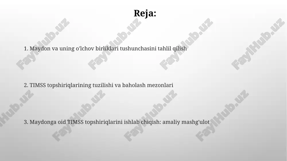 o'tishda, tushunchalarni chuqur anglashni tekshiradi. timss ga mos topshiriqlar yaratish: misollar timss topshiriqlari maydonni vizual baholashni, masalan, shakllarni taqqoslash orqali 2d formatda qamrab oladi, bu esa 4-sinf o‘quvchilarining tushunchasini tekshiradi. ko'p bosqichli timss topshiriqlari 8-sinfda murakkablashadi, o'lchov birliklarini o'zgartirishni (sm² dan m² ga) va formulalarni qo'llashni talab qiladi. topshiriq murakkabligini oshirish strategiyalari topshiriqning murakkabligini oshirish uchun 2 bosqichli muammoni qo'shish kerak, birinchi bosqichda maydonni hisoblash, ikkinchisida esa 3 o'lchamli ob'ektning hajmini topish talab etiladi. maydonni hisoblash uchun formuladan foydalanishni talab qiladigan topshiriqlar, 4 xil birlik (mm², sm², dm², m²) o'rtasida konvertatsiya qilishni o'z ichiga oladi ham murakkablikni oshiradi. o'lchov birliklariga oid topshiriqlarni ishlab chiqish o'lchov birliklariga oid topshiriqlarda, 1 kvadrat metr (m²) kabi standart birliklar bilan birga, gektar (ga) va ar kabi maydon birliklarini ham qo'llash talab etiladi. timss topshiriqlarida maydonni o'lchashda, uzunlik va kenglikni ko'paytirishdan tashqari, murakkab shakllar uchun bo'laklarga bo'lish va yig'ish usullari ham qo'llanilishi kerak. baholash mezonlari …